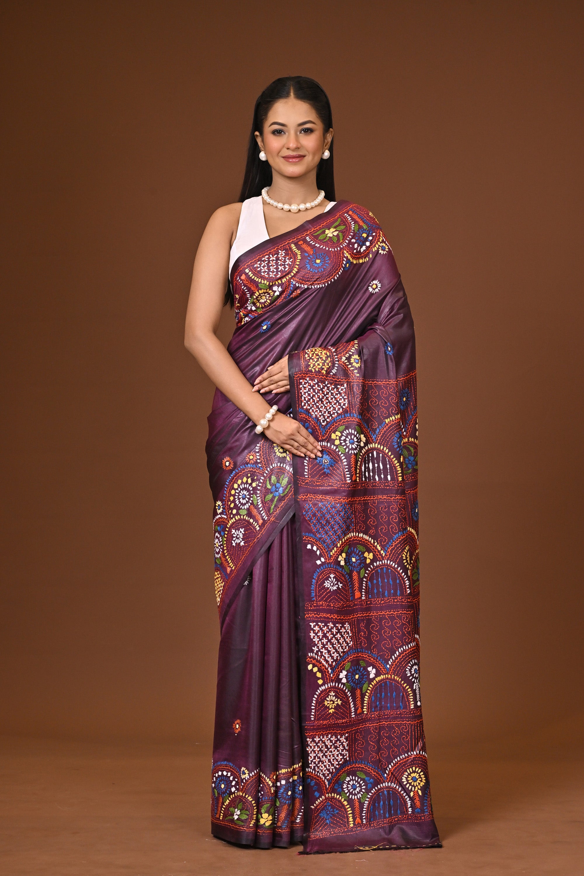 Blended Silk Kantha Stitch Saree Brown Thumbnail