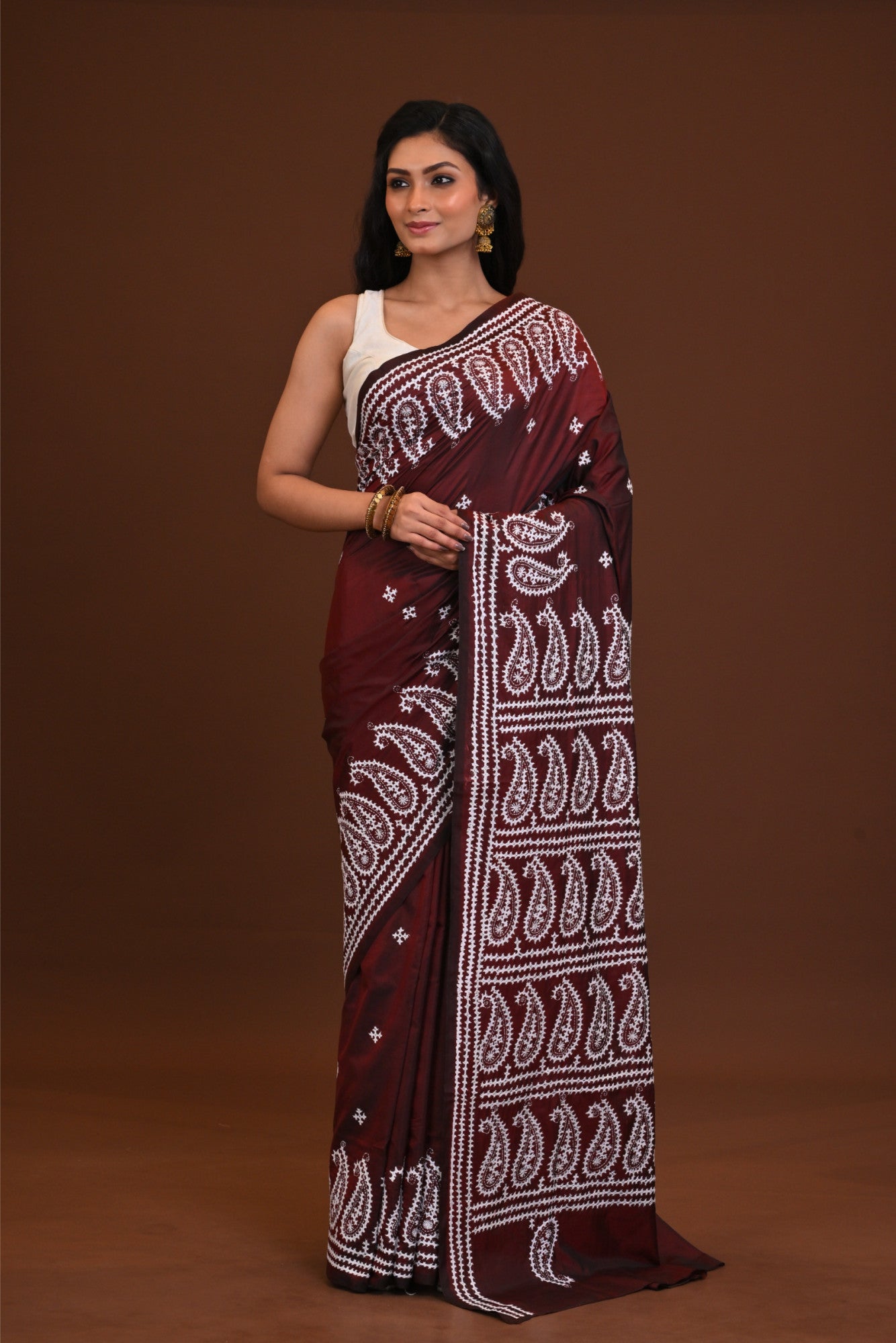 Blended Silk Kantha Stitch Saree Brown