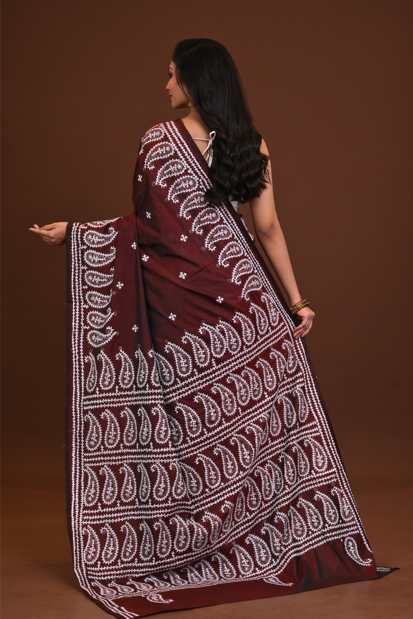 Blended Silk Kantha Stitch Saree Brown Thumbnail