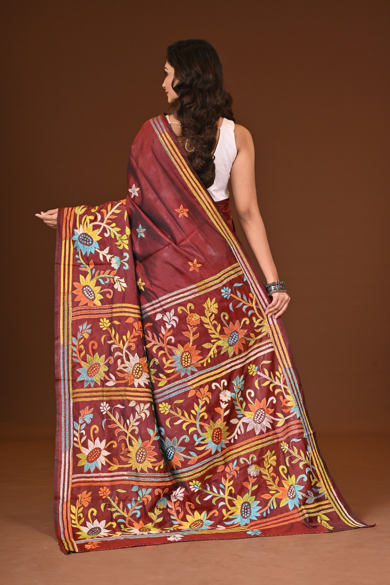 Blended Silk Kantha Stitch Saree Brown Thumbnail