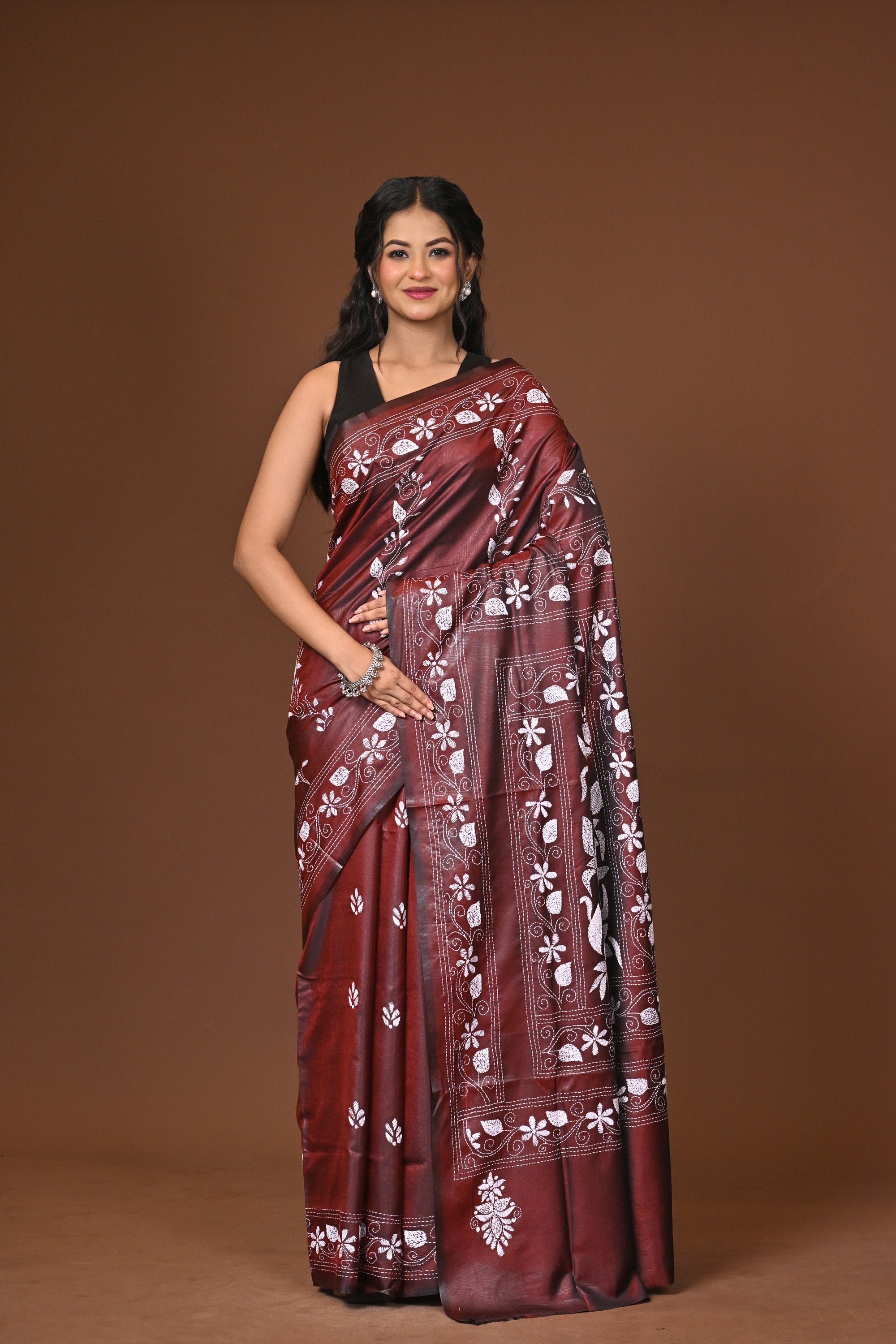 Blended Silk Kantha Stitch Saree Brown Thumbnail