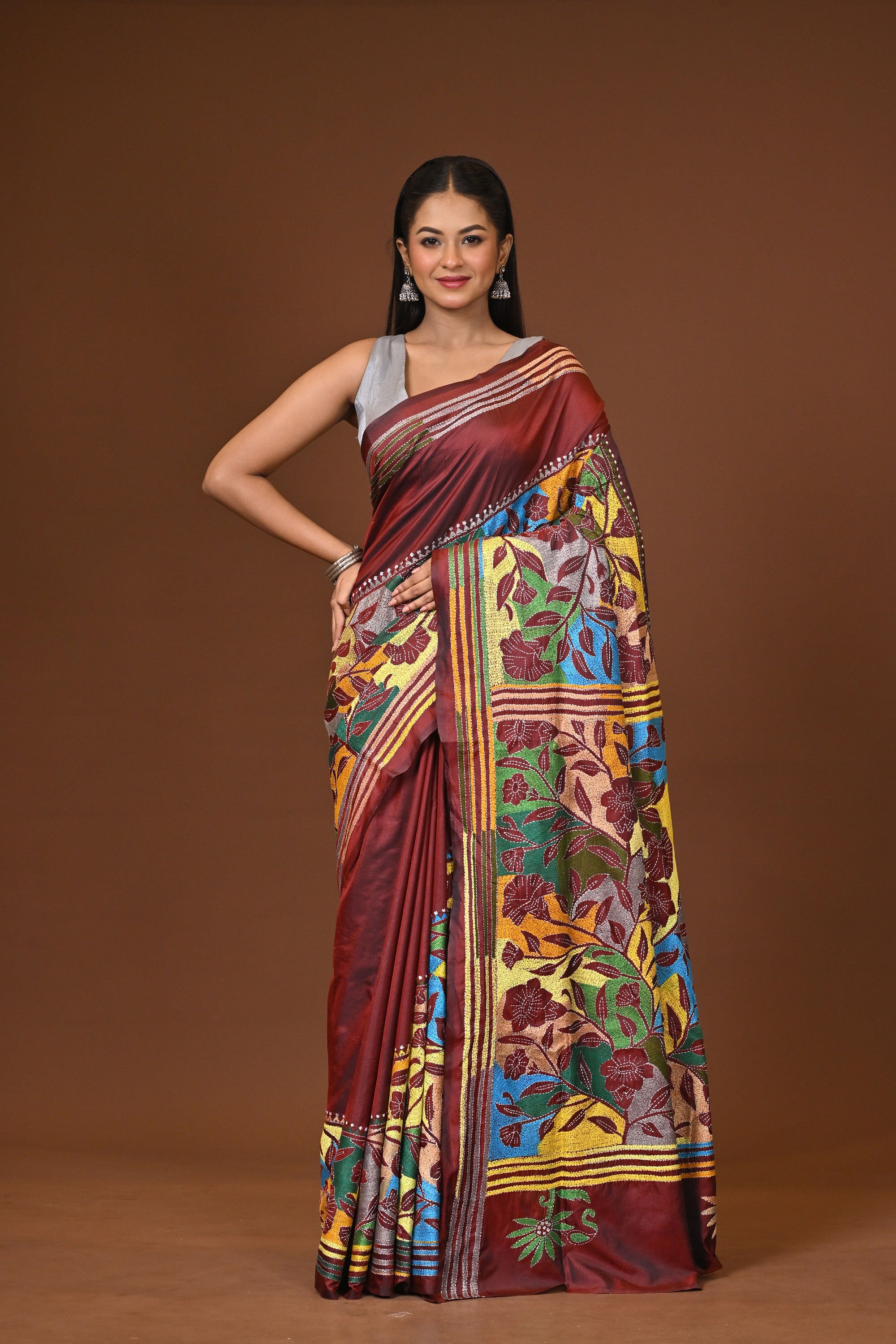 Blended Silk Kantha Stitch Saree Brown Thumbnail