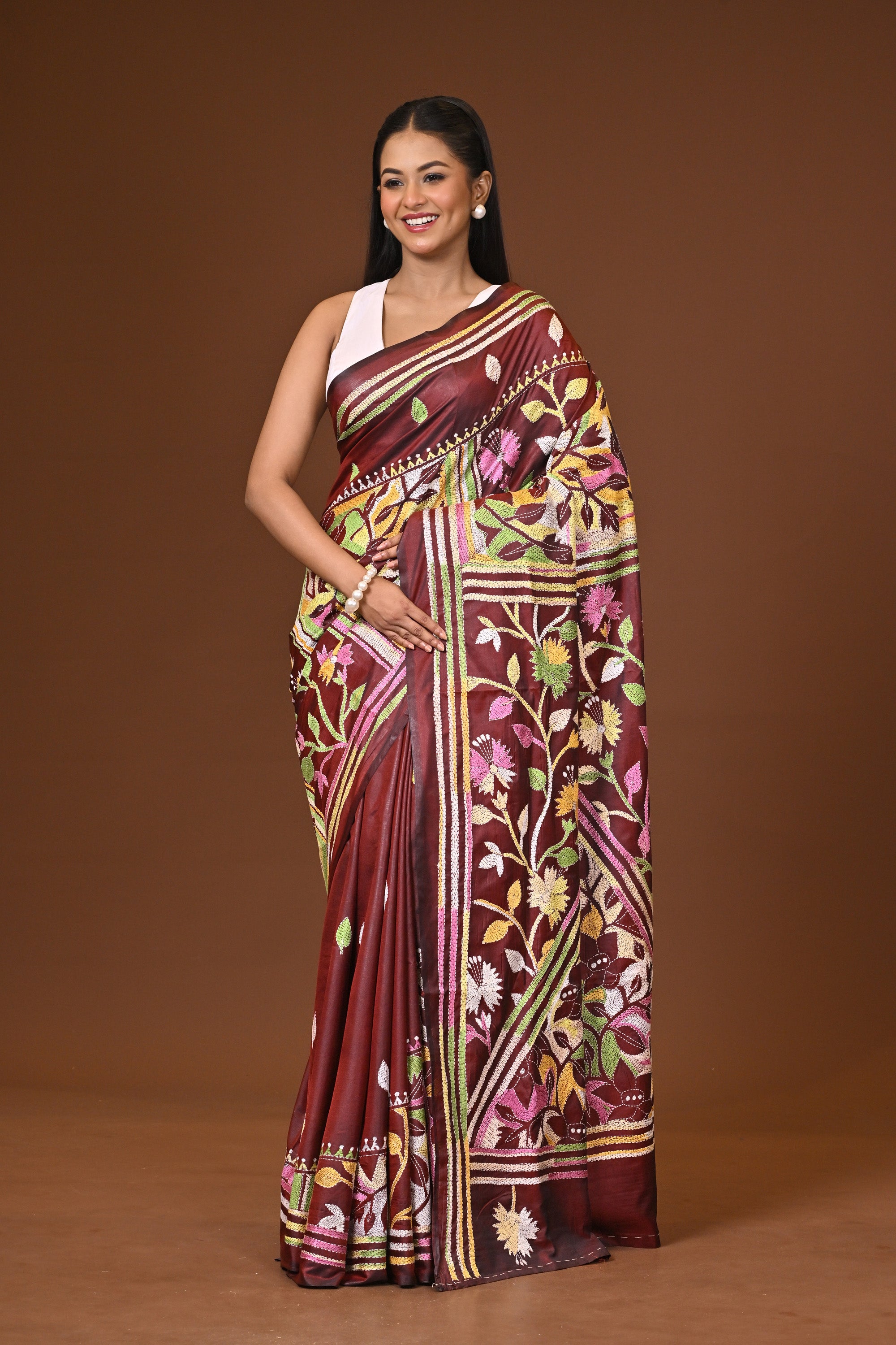 Blended Silk Kantha Stitch Saree Brown Thumbnail