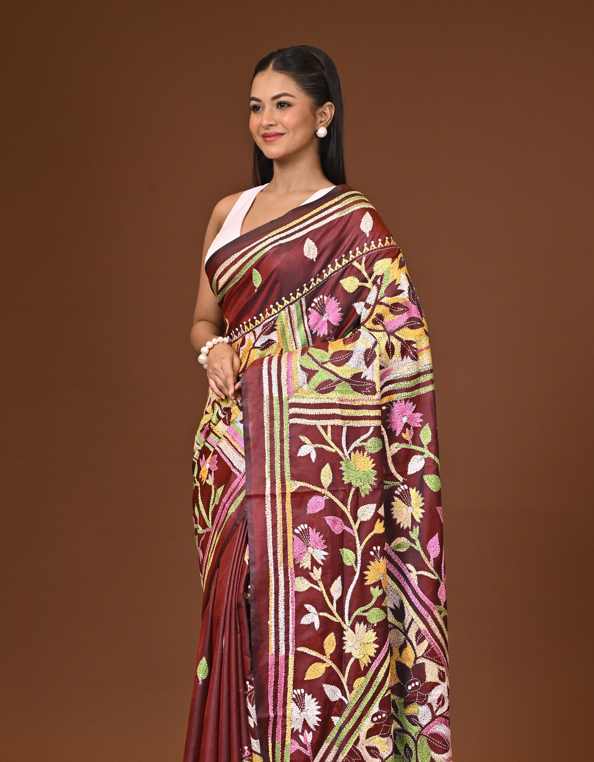 Blended Silk Kantha Stitch Saree Brown Thumbnail