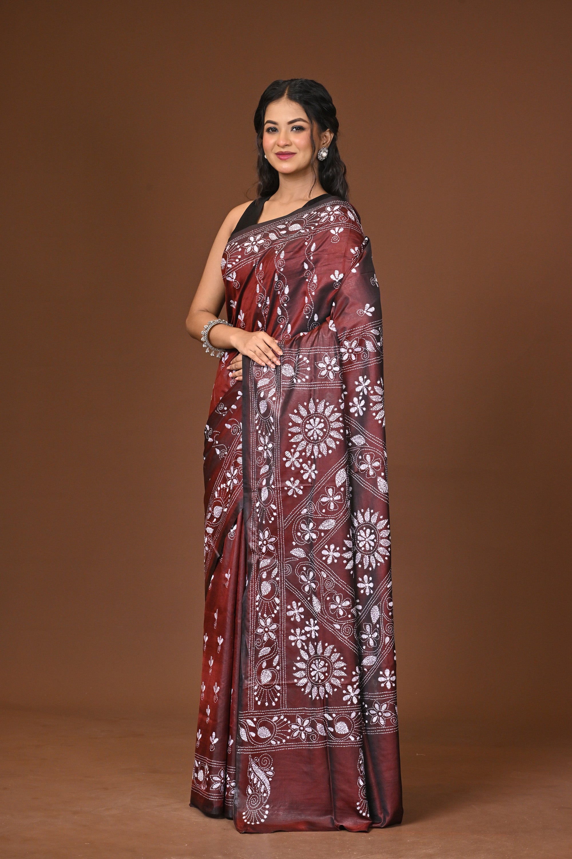 Blended Silk Kantha Stitch Saree Brown Thumbnail