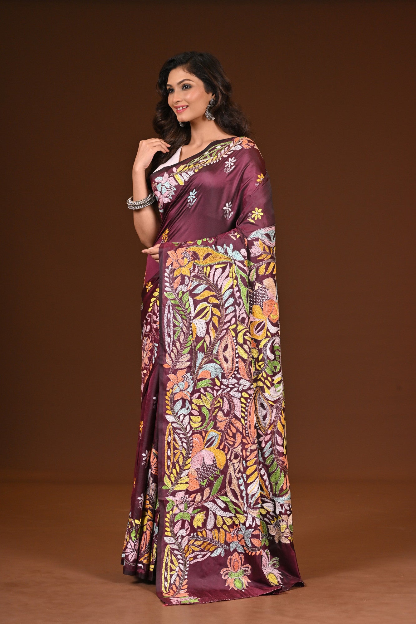 Blended Silk Kantha Stitch Saree Chocolate Truffle Thumbnail