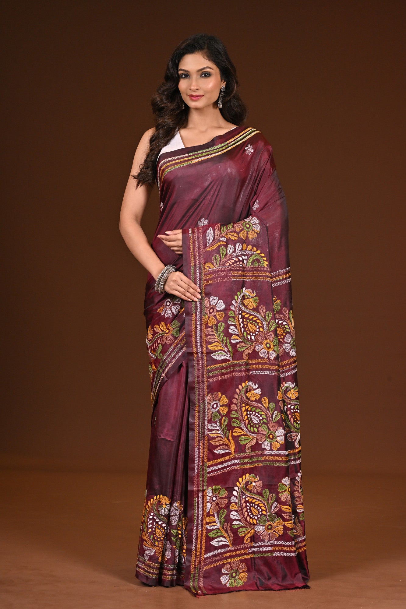 Blended Silk Kantha Stitch Saree Chocolate Truffle
