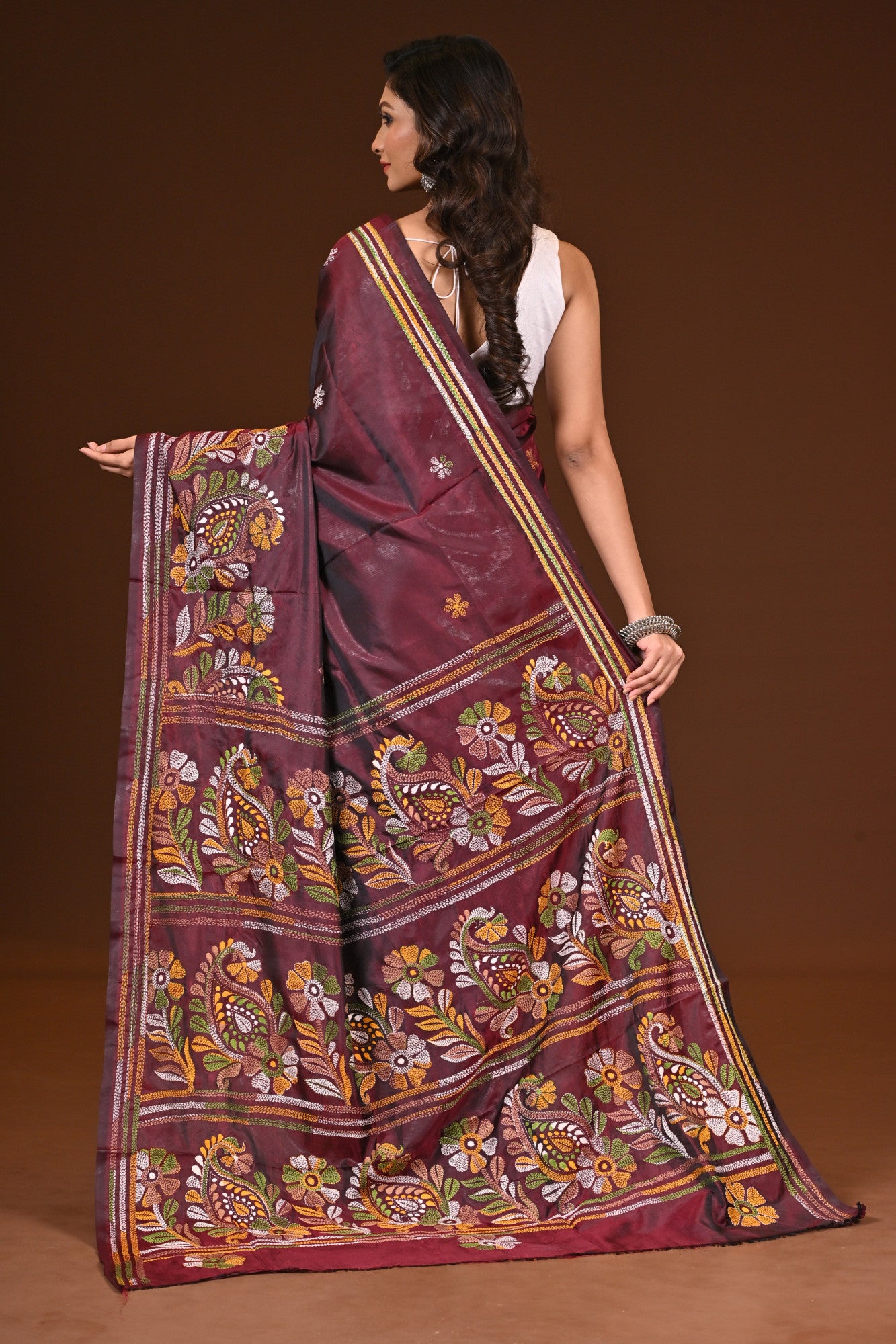 Blended Silk Kantha Stitch Saree Chocolate Truffle Thumbnail