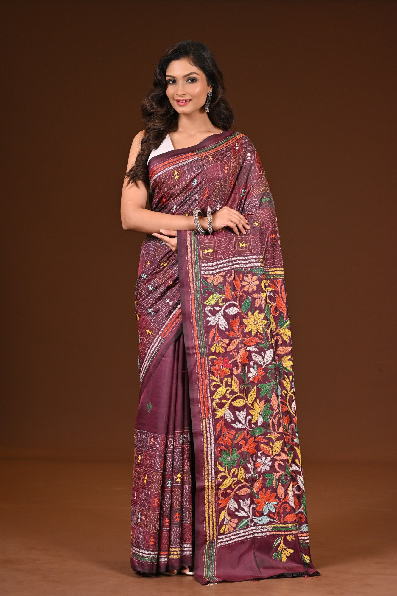Blended Silk Kantha Stitch Saree Chocolate Truffle Thumbnail