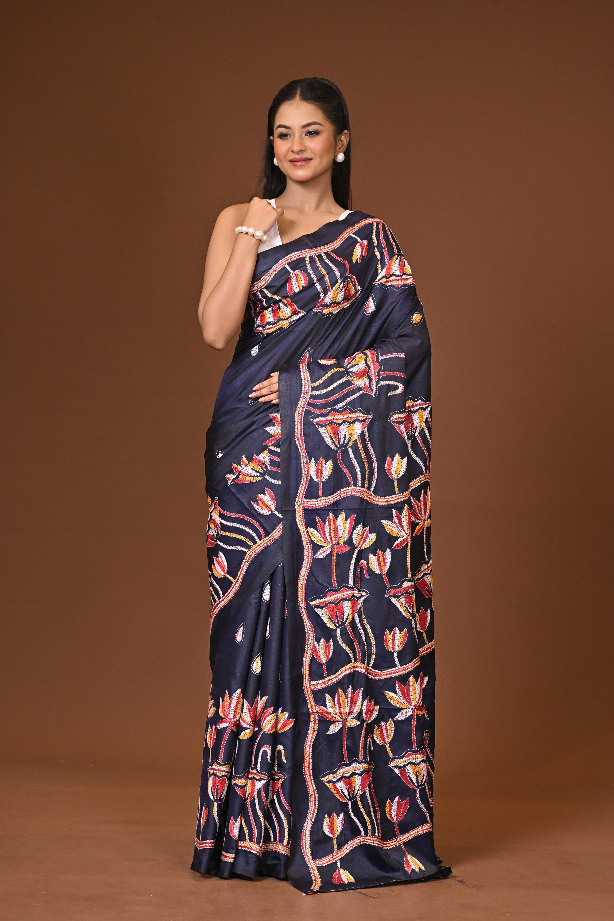 Blended Silk Kantha Stitch Saree Dark Blue Thumbnail