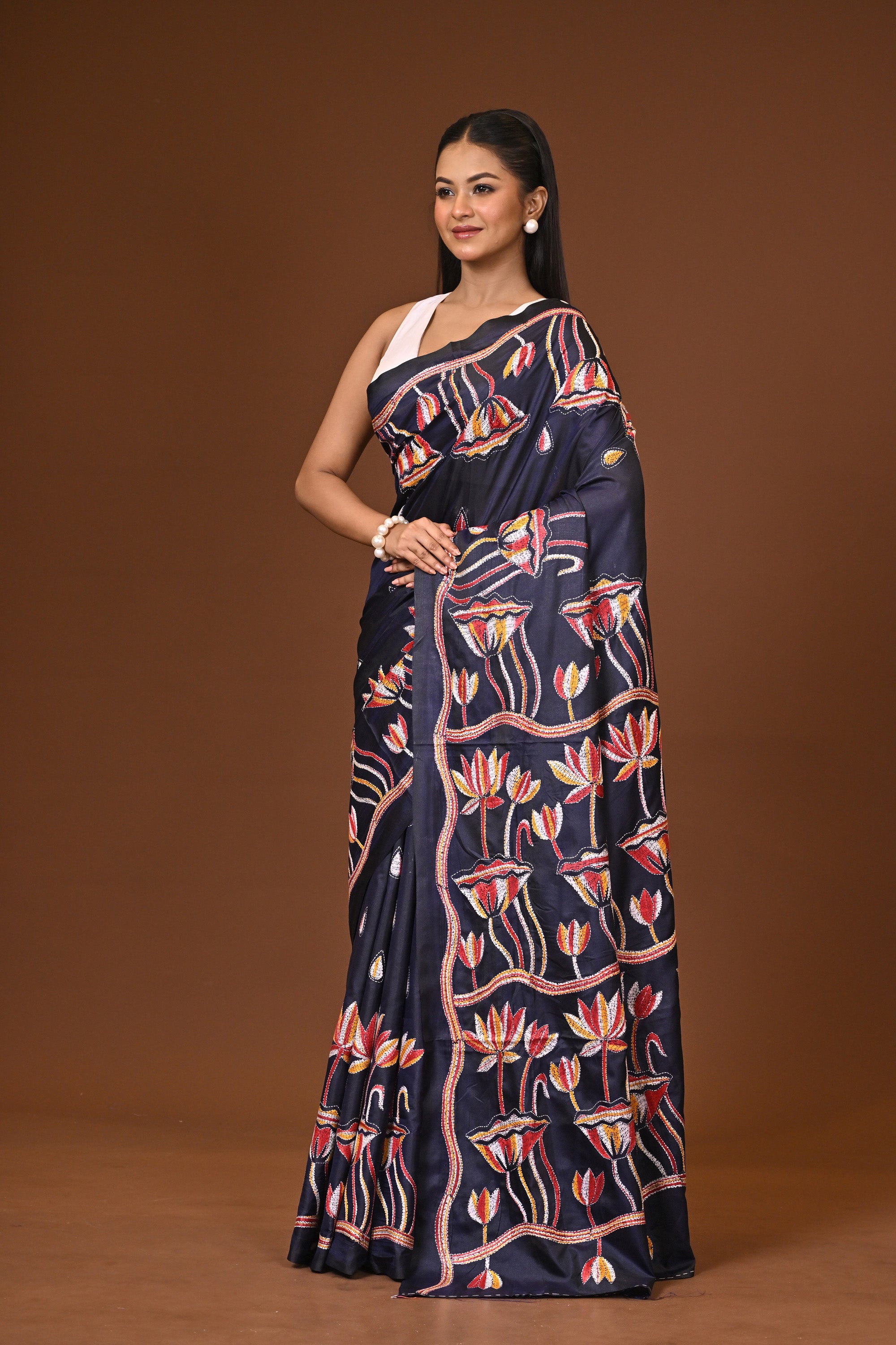 Blended Silk Kantha Stitch Saree Brown