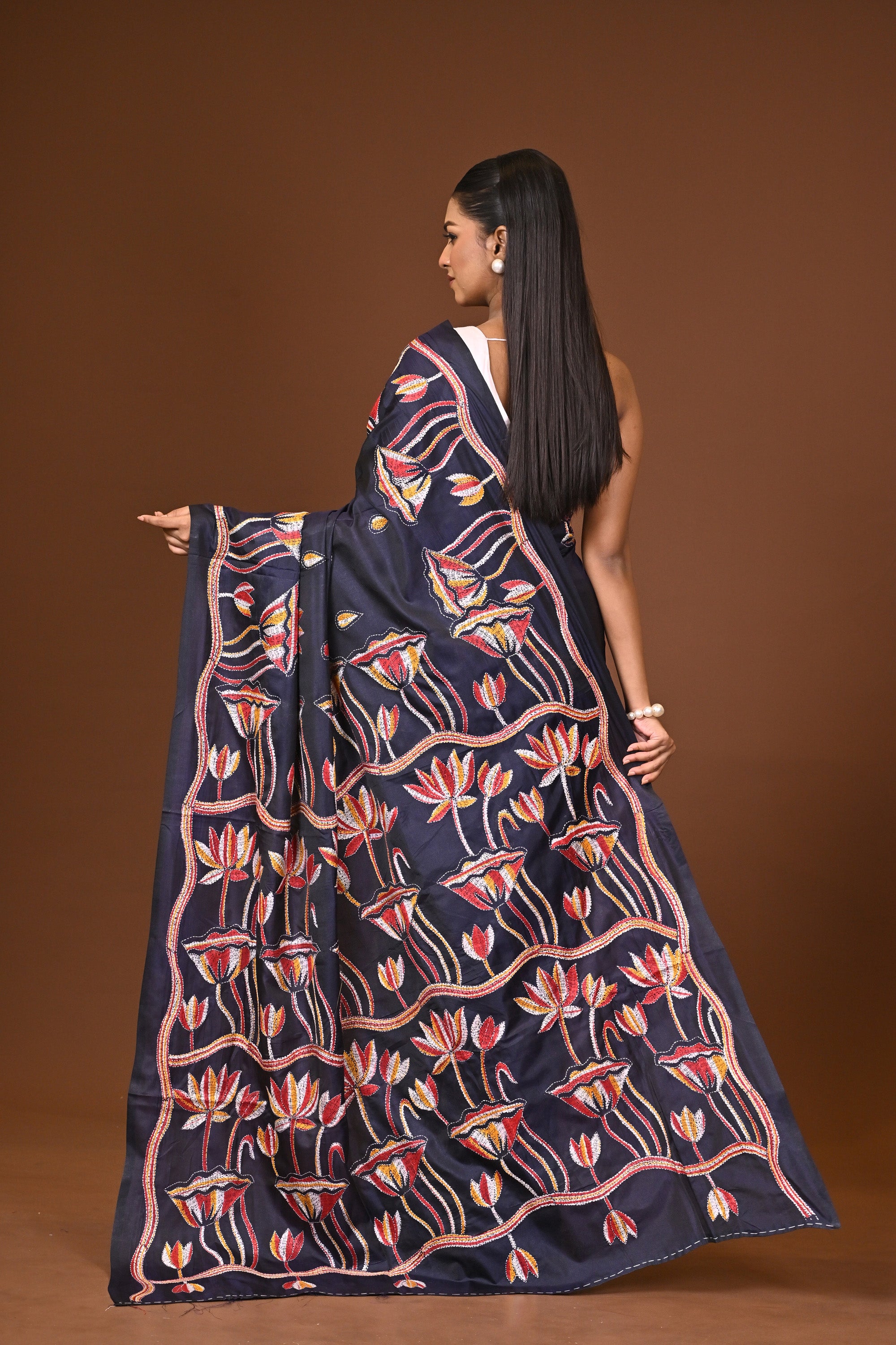 Blended Silk Kantha Stitch Saree Sea Blue