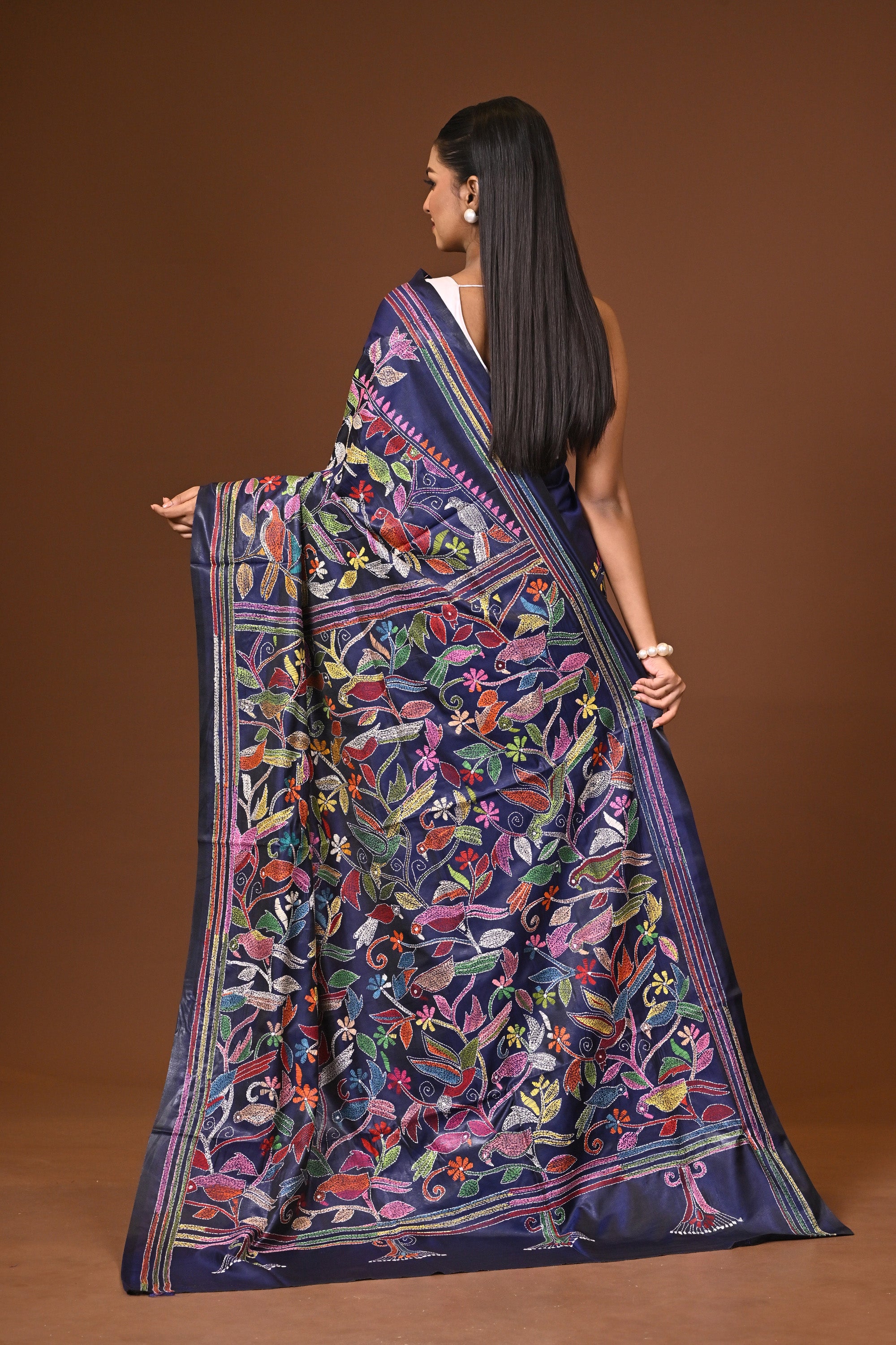 Blended Silk Kantha Stitch Saree Dark Blue Thumbnail