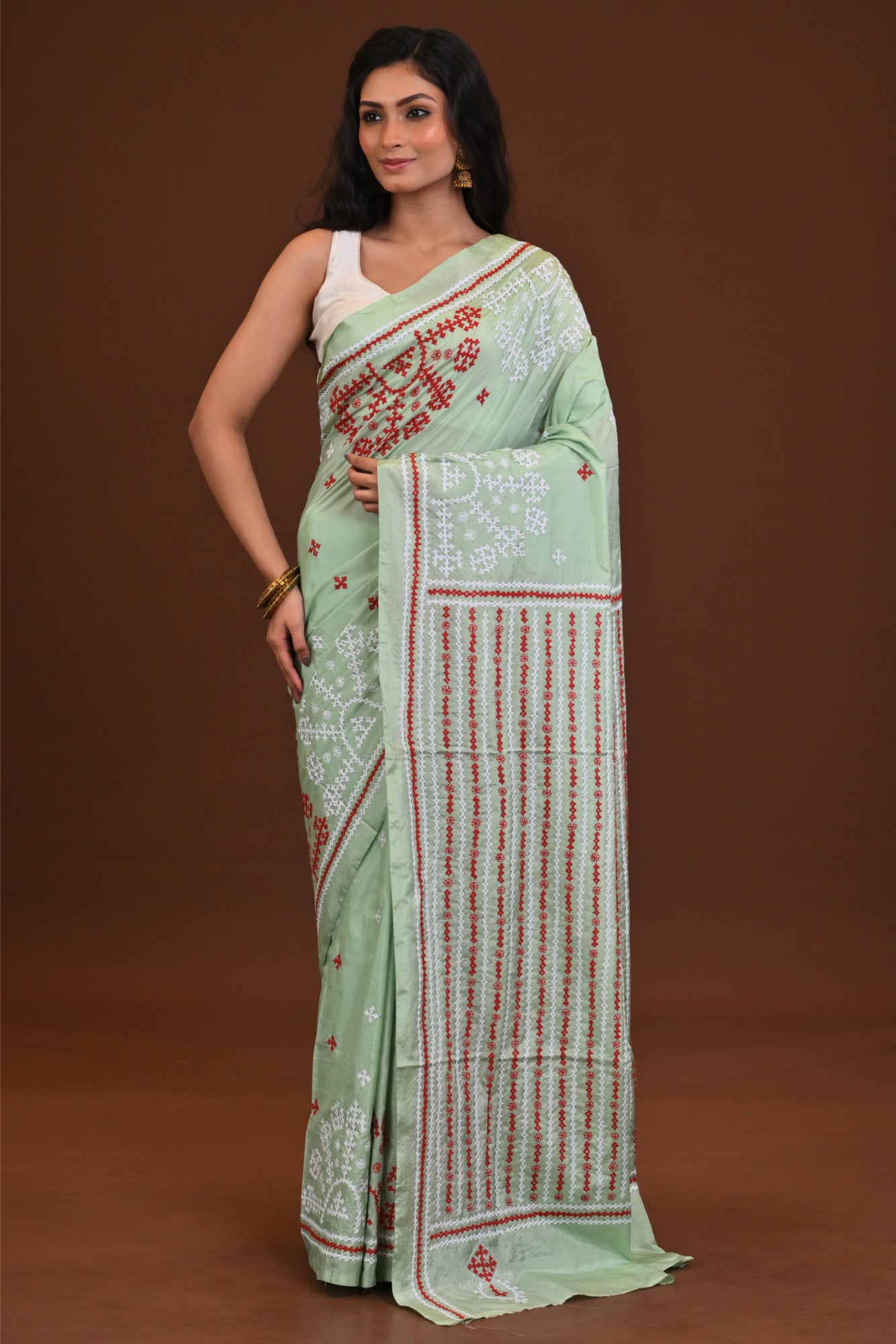 Blended Silk Kantha Stitch Saree Green Thumbnail
