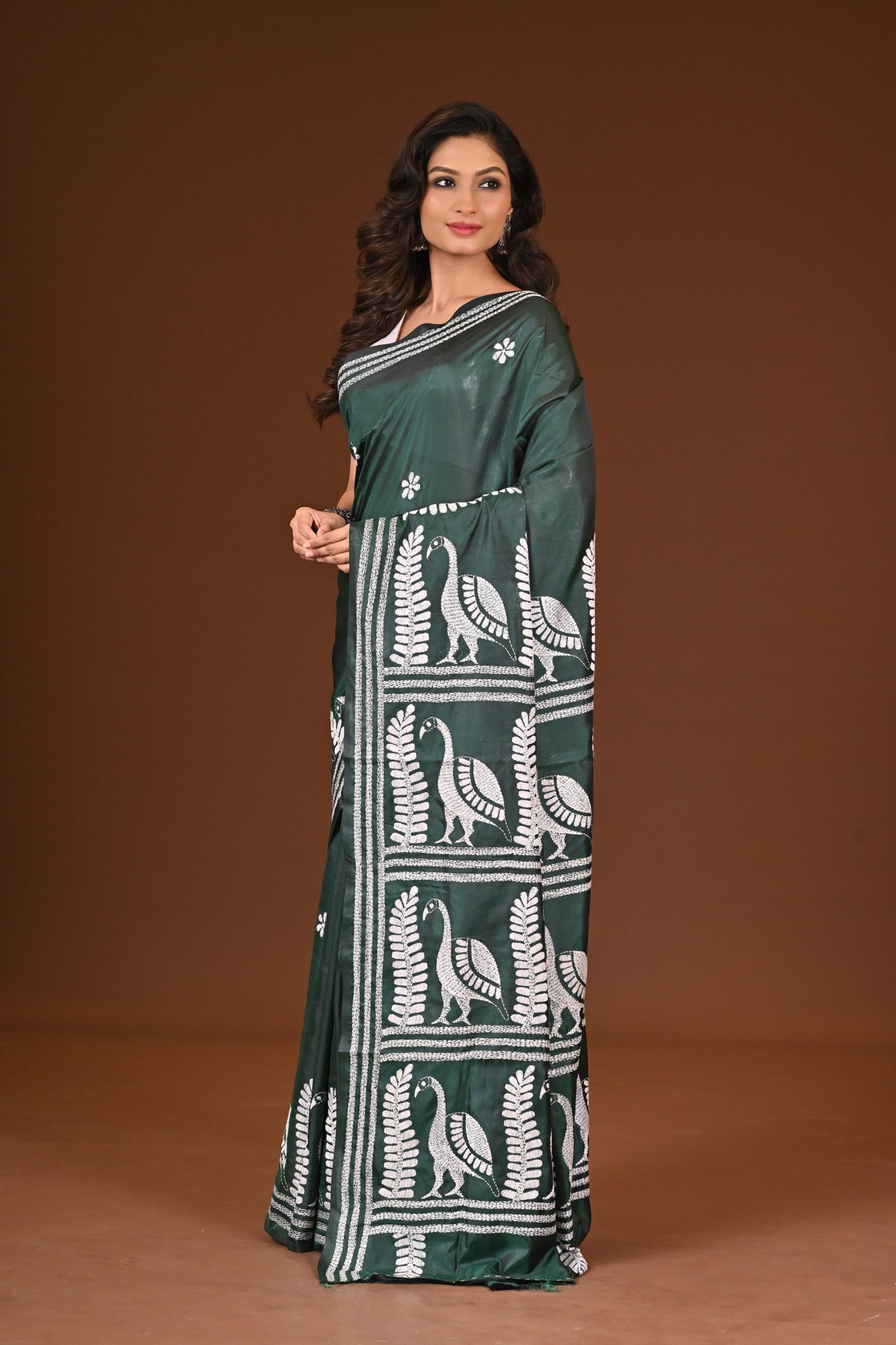 Blended Silk Kantha Stitch Saree Green Thumbnail