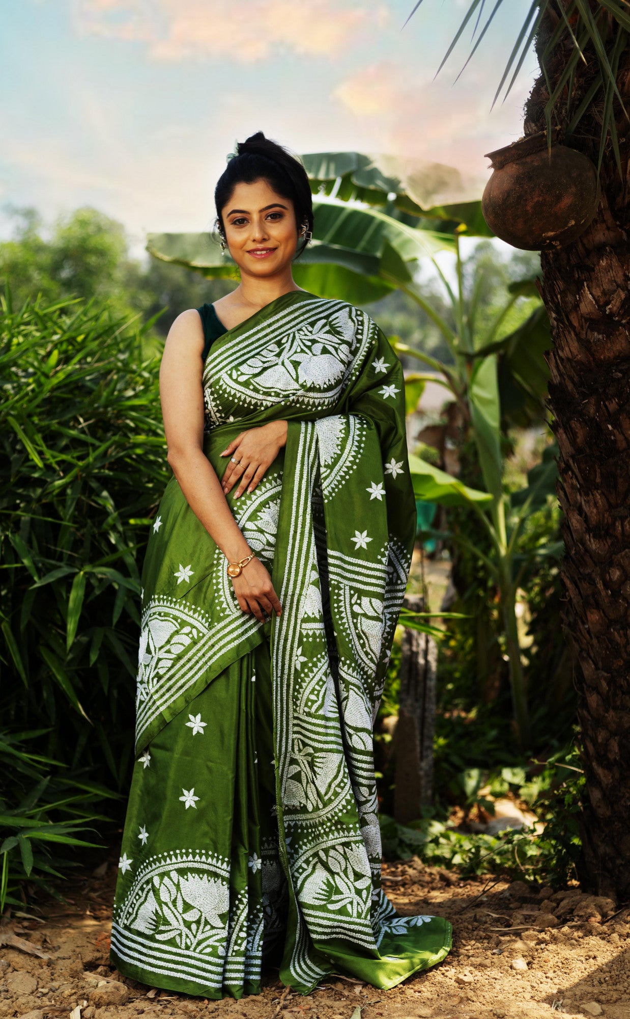 Blended Silk Kantha Stitch Saree Green