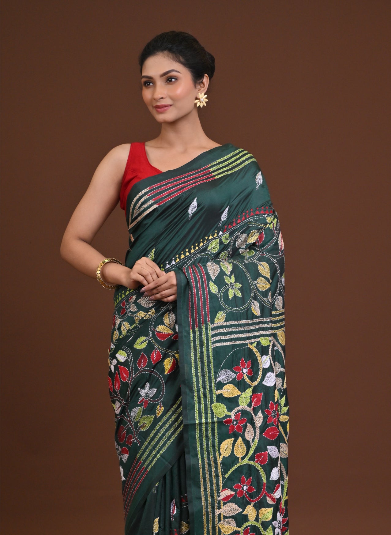 Blended Silk Kantha Stitch Saree Green Thumbnail