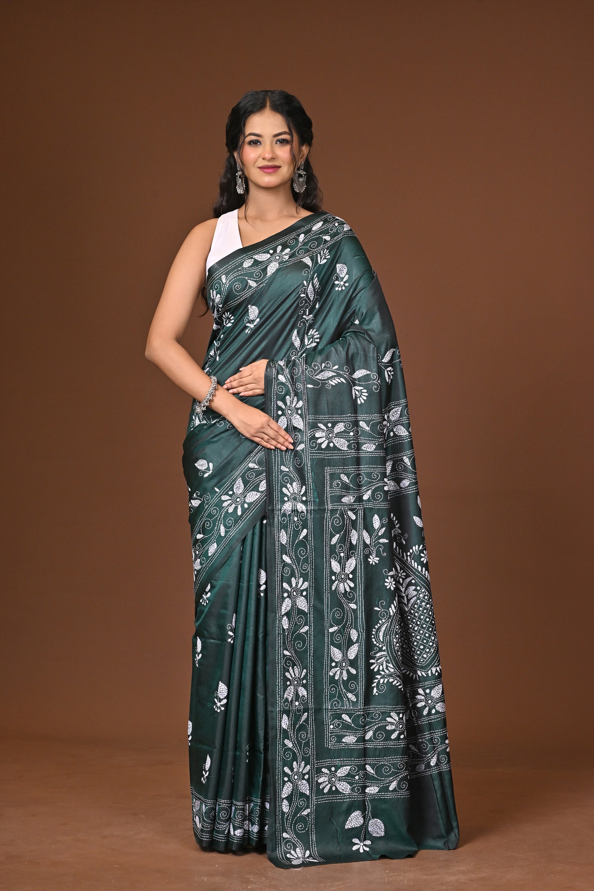 Blended Silk Kantha Stitch Saree Green