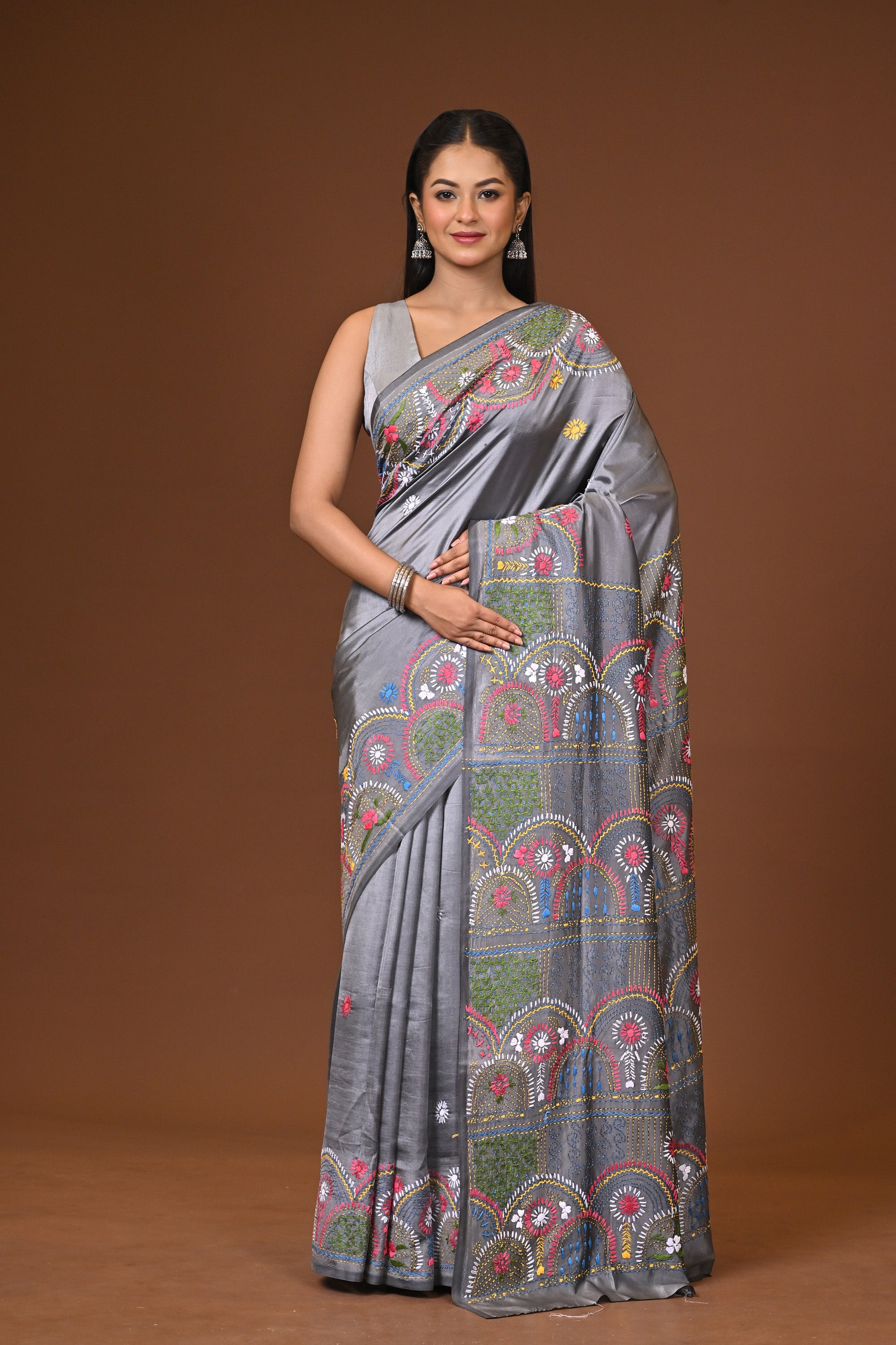 Blended Silk Kantha Stitch Saree Grey