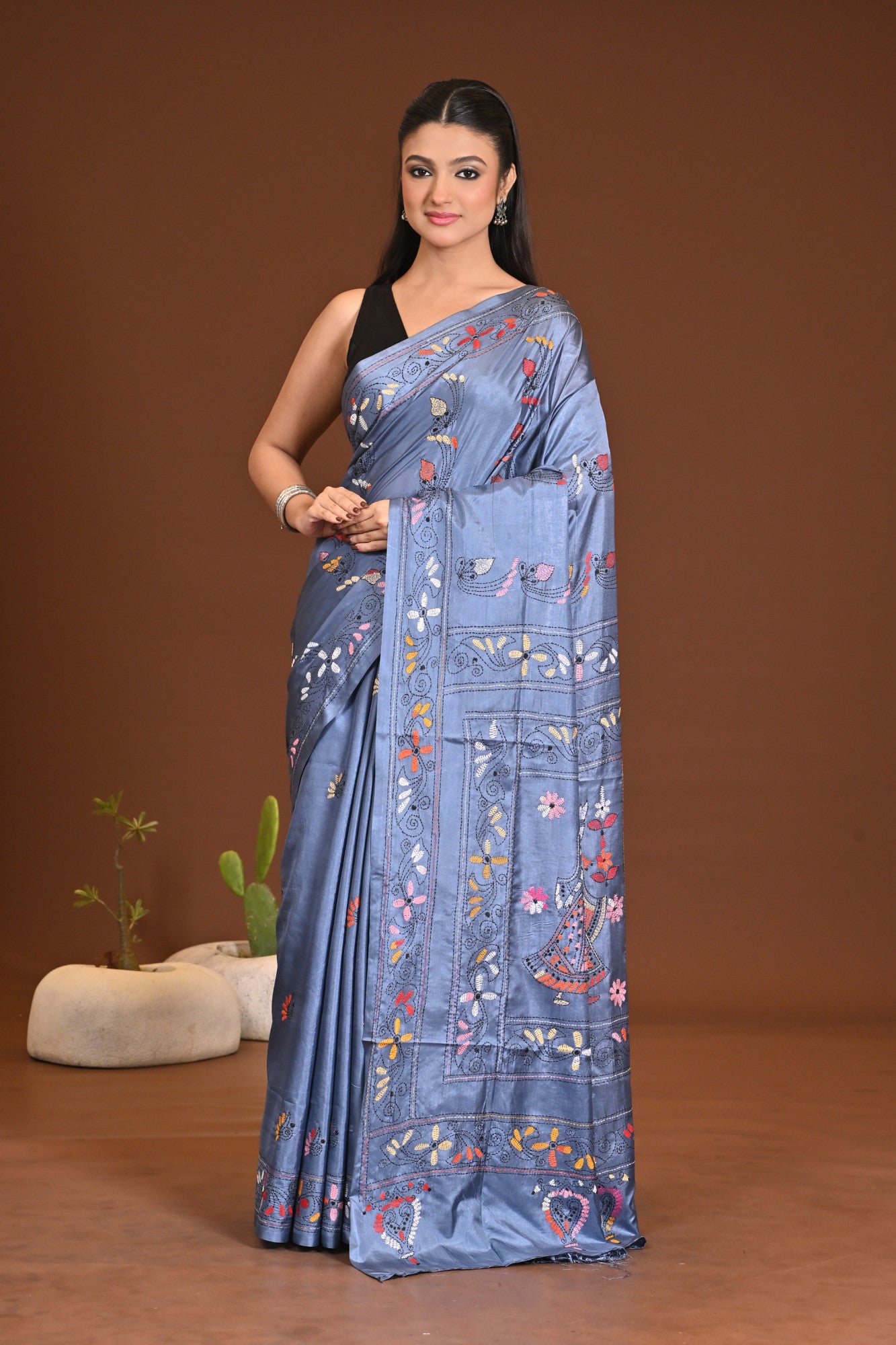 Blended Silk Kantha Stitch Saree Grey
