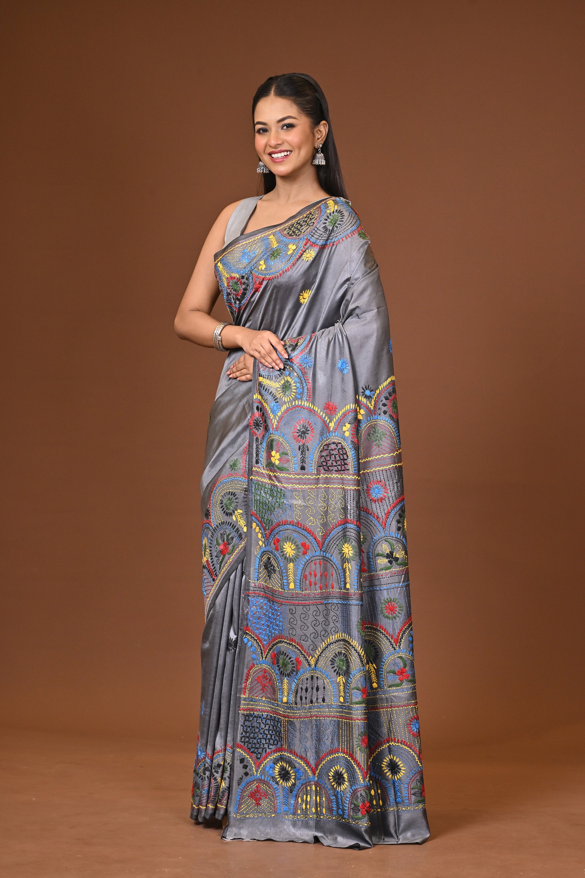 Blended Silk Kantha Stitch Saree Grey Thumbnail