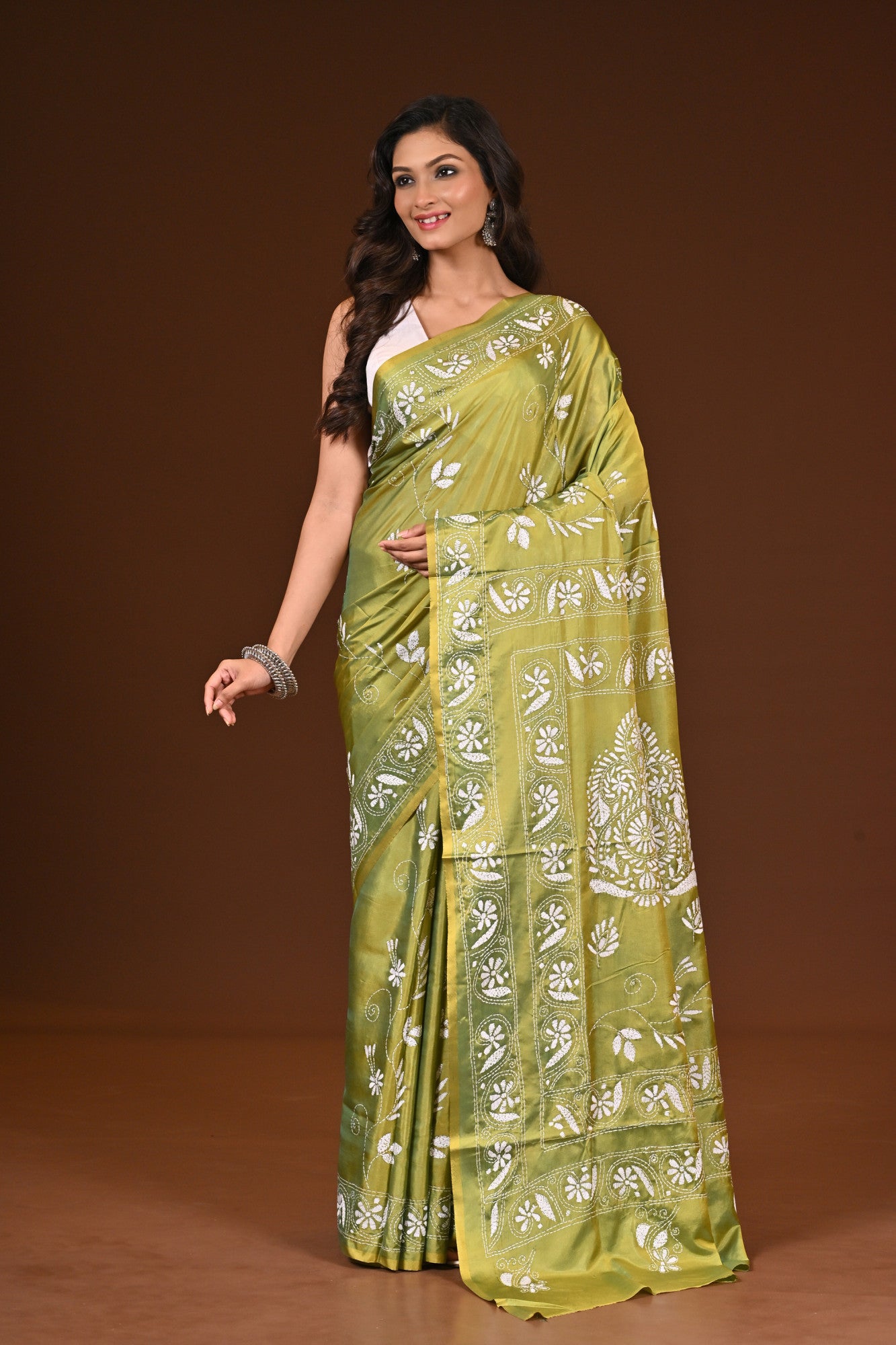 Blended Silk Kantha Stitch Saree Light Green Thumbnail