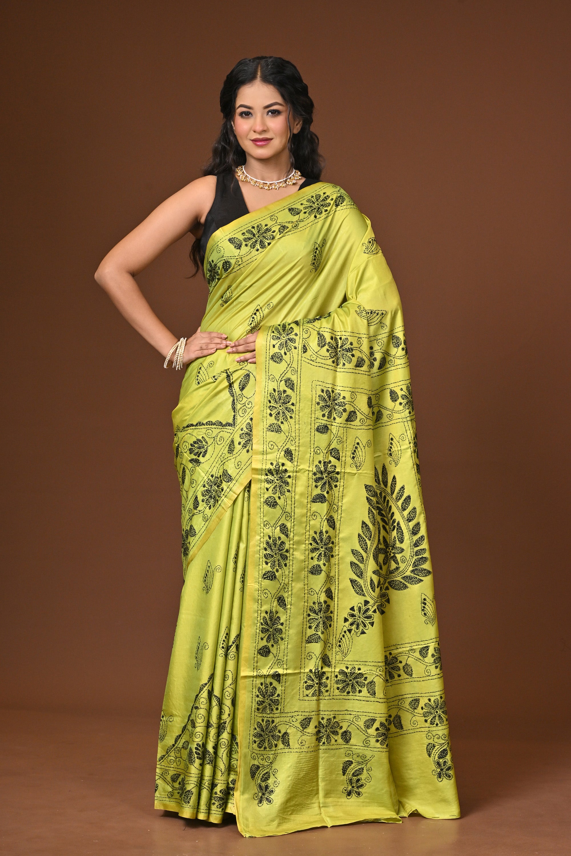 Blended Silk Kantha Stitch Saree Light Green Thumbnail