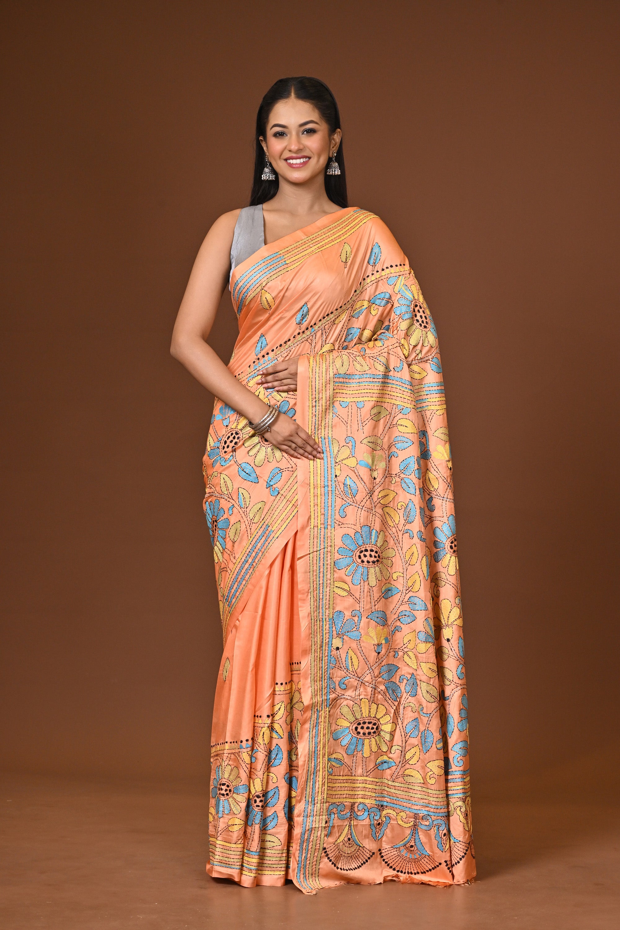 Blended Silk Kantha Stitch Saree Light Orange Thumbnail