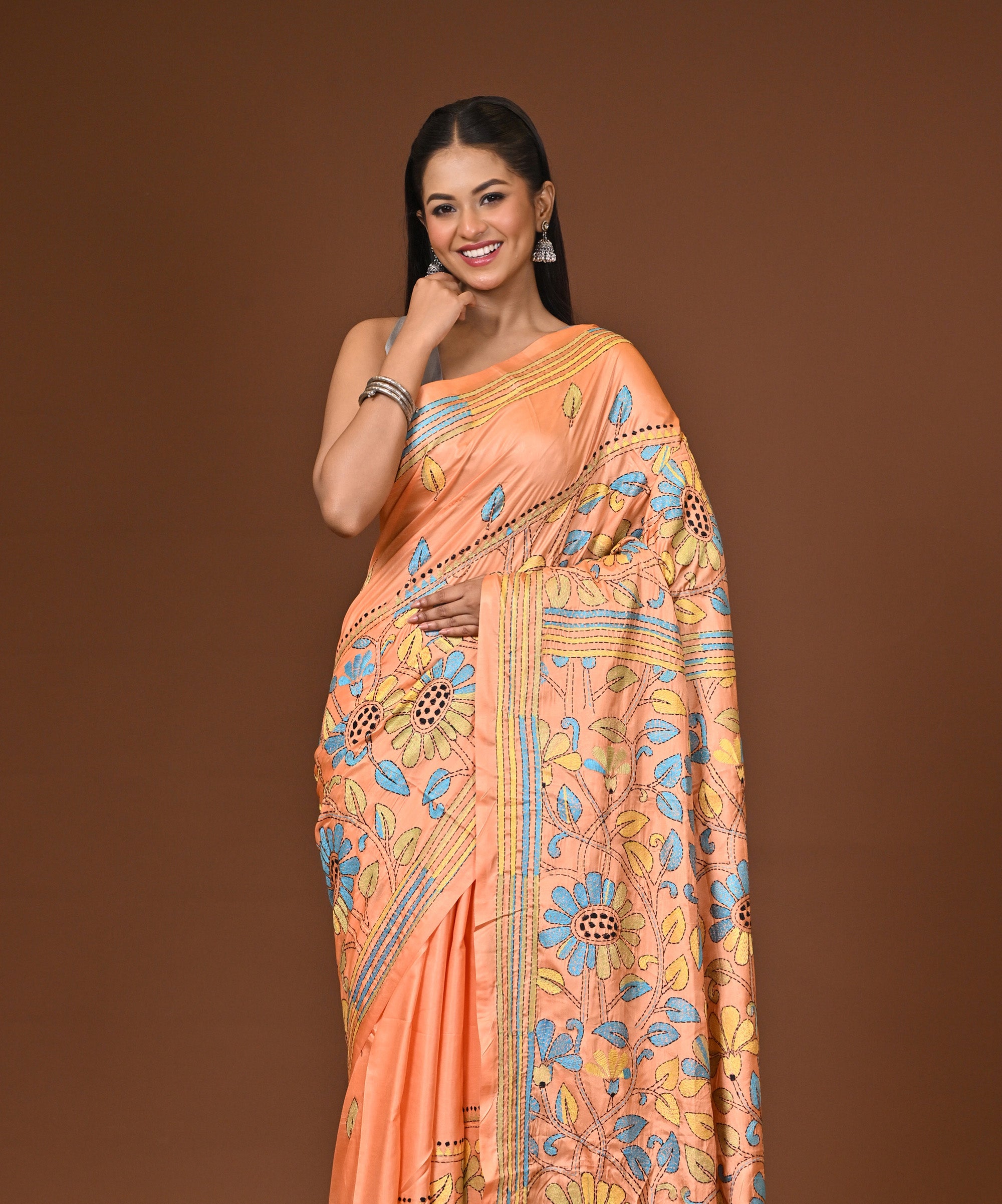 Blended Silk Kantha Stitch Saree Light Orange Thumbnail