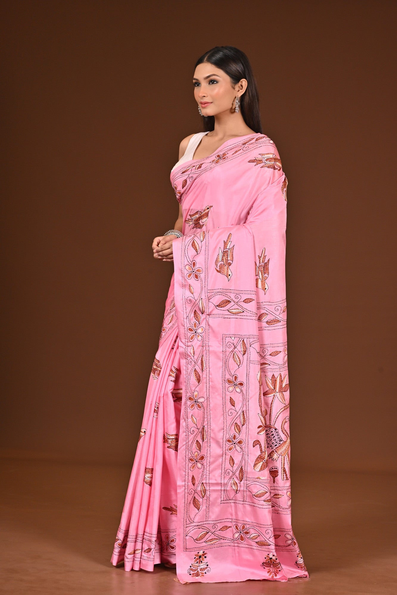 Blended Silk Kantha Stitch Saree Light Pink Thumbnail