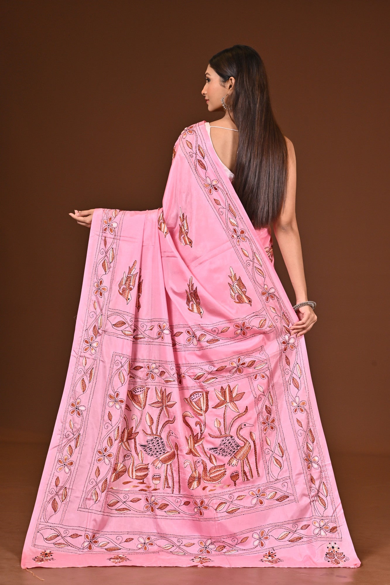 Blended Silk Kantha Stitch Saree Light Pink Thumbnail