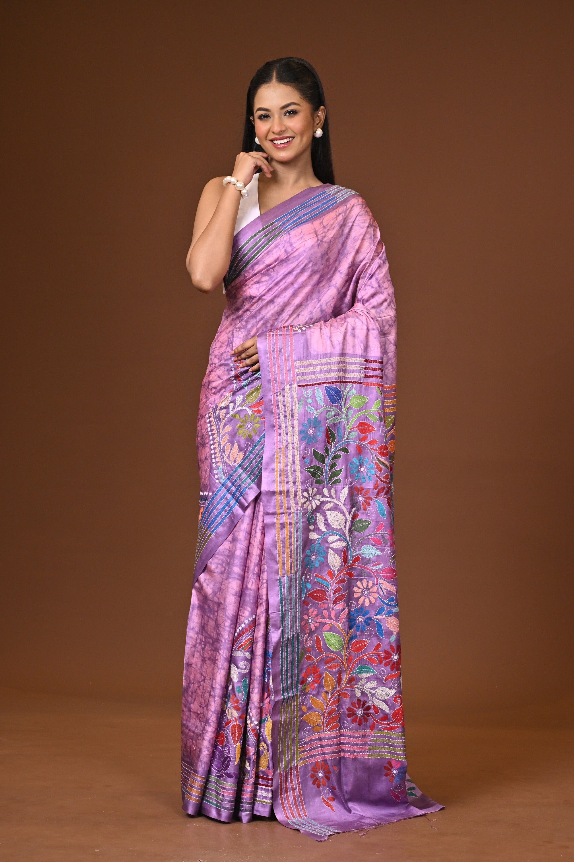 Blended Silk Kantha Stitch Saree Light Purple Thumbnail