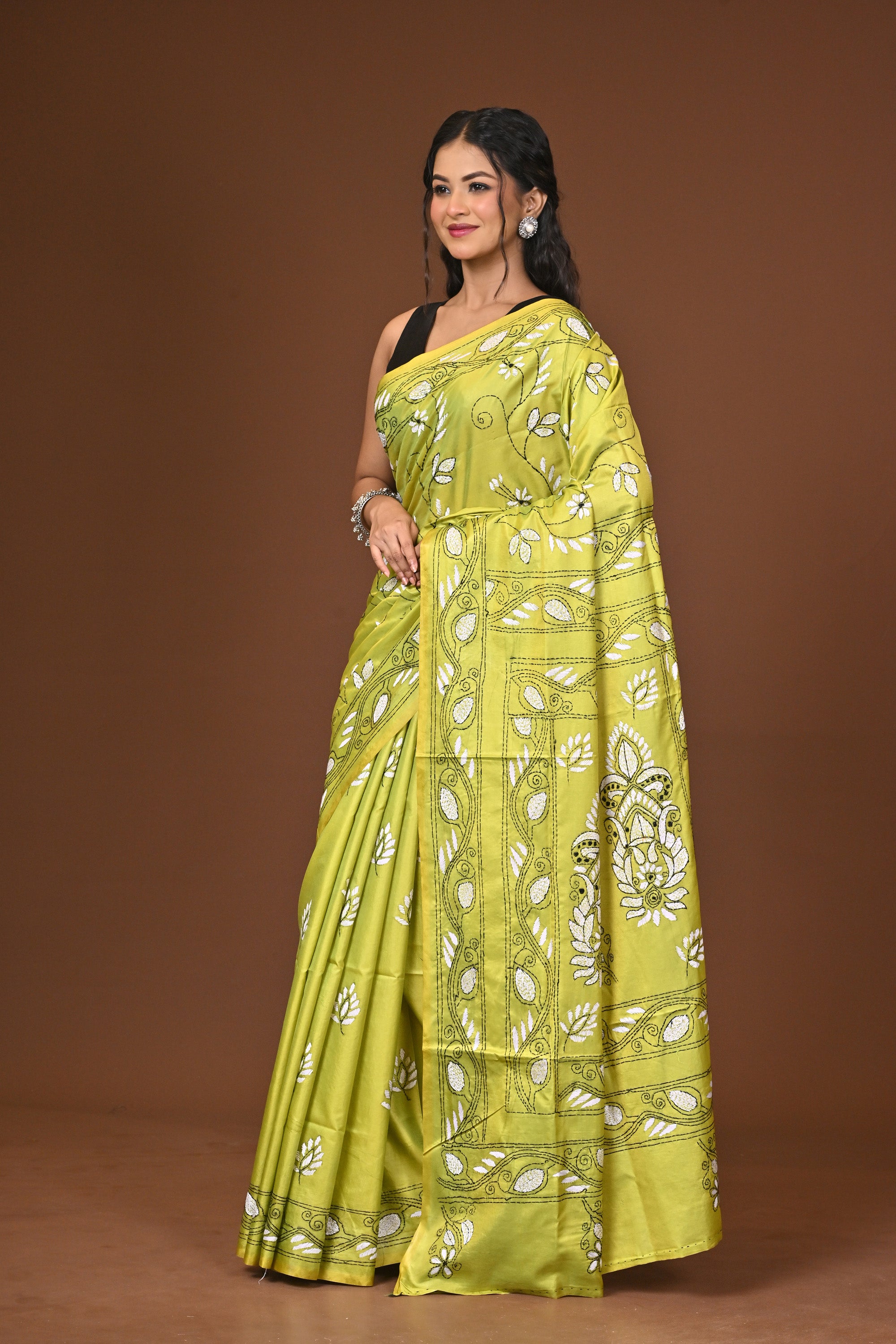 Blended Silk Kantha Stitch Saree Lime Green Thumbnail
