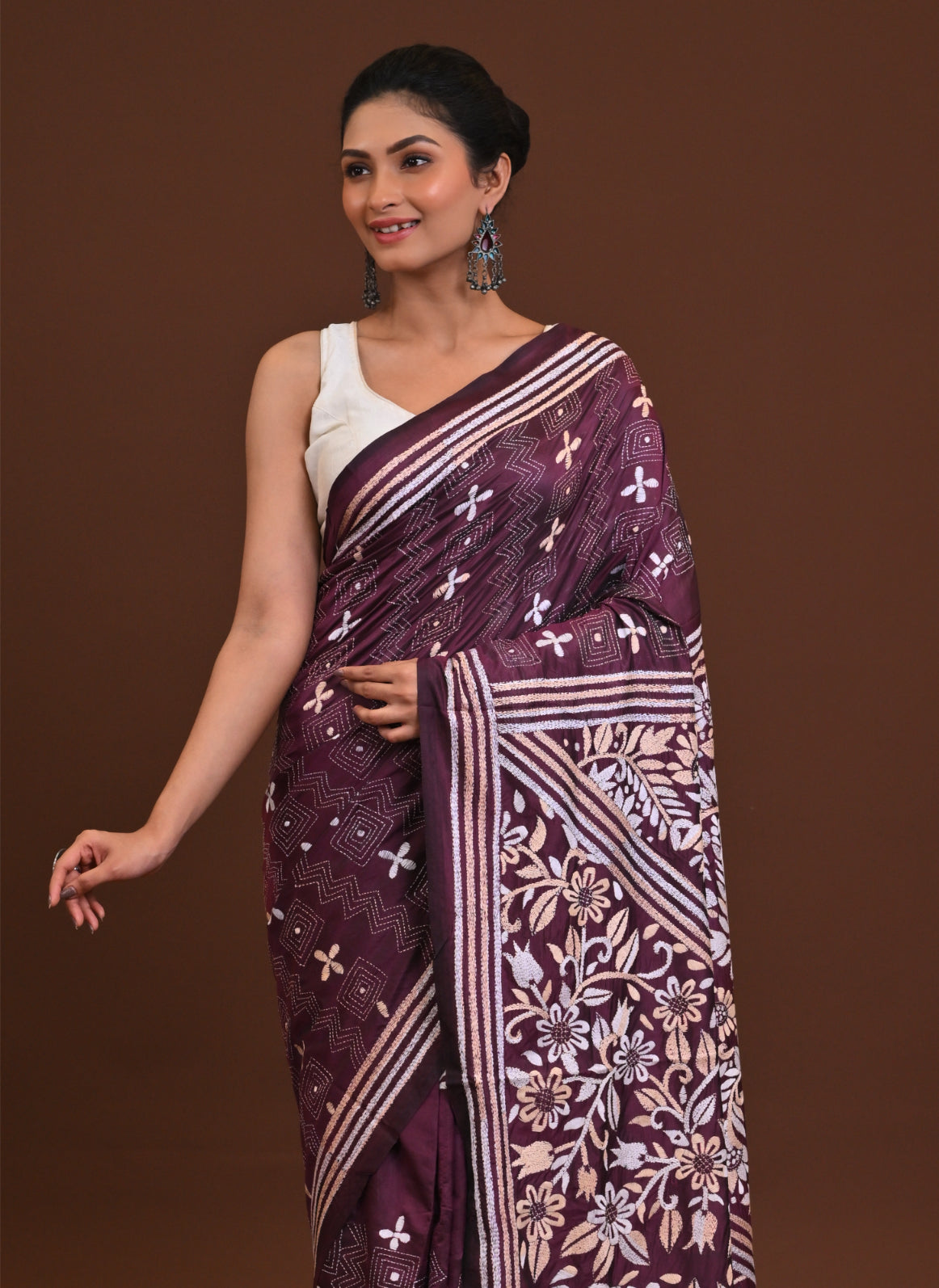 Blended Silk Kantha Stitch Saree Maroon Thumbnail