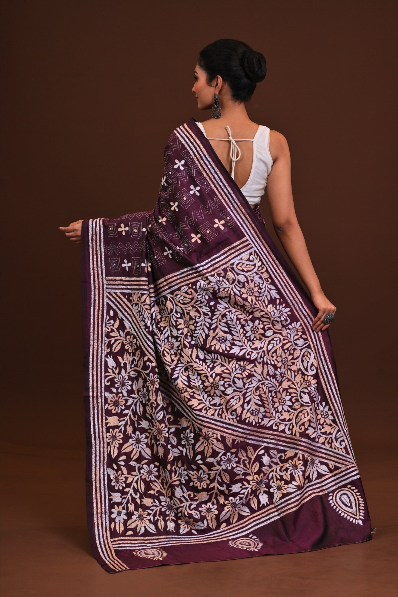 Blended Silk Kantha Stitch Saree Maroon Thumbnail