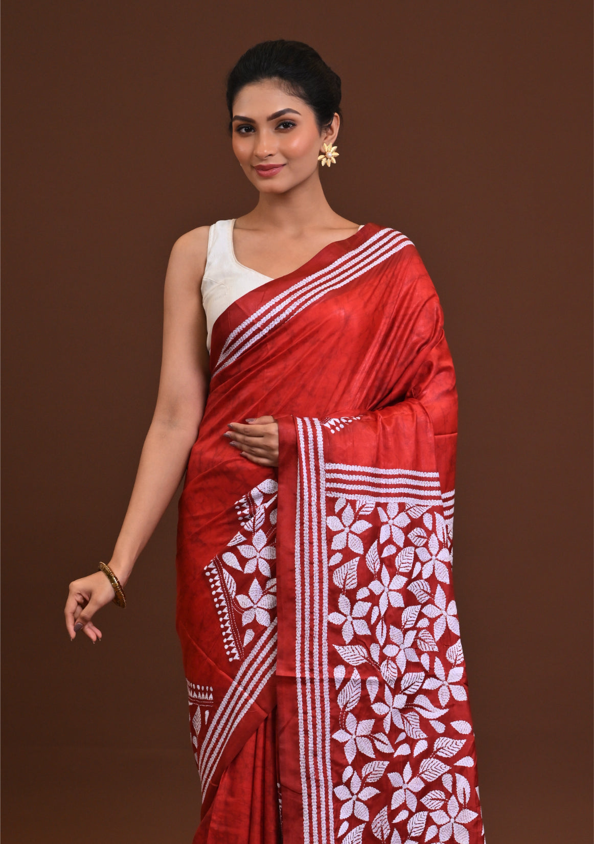 Blended Silk Kantha Stitch Saree Maroon