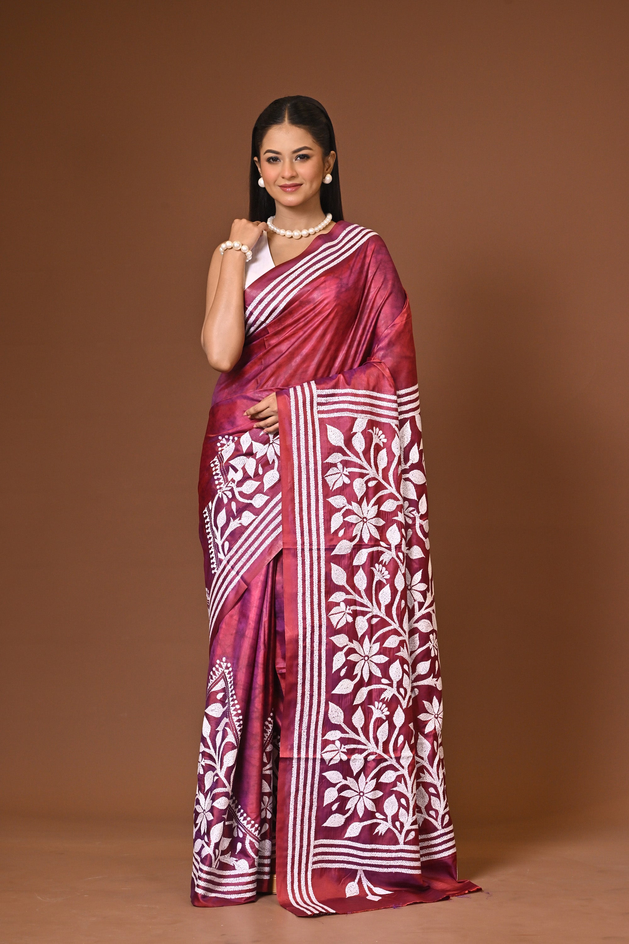 Blended Silk Kantha Stitch Saree Maroon Thumbnail