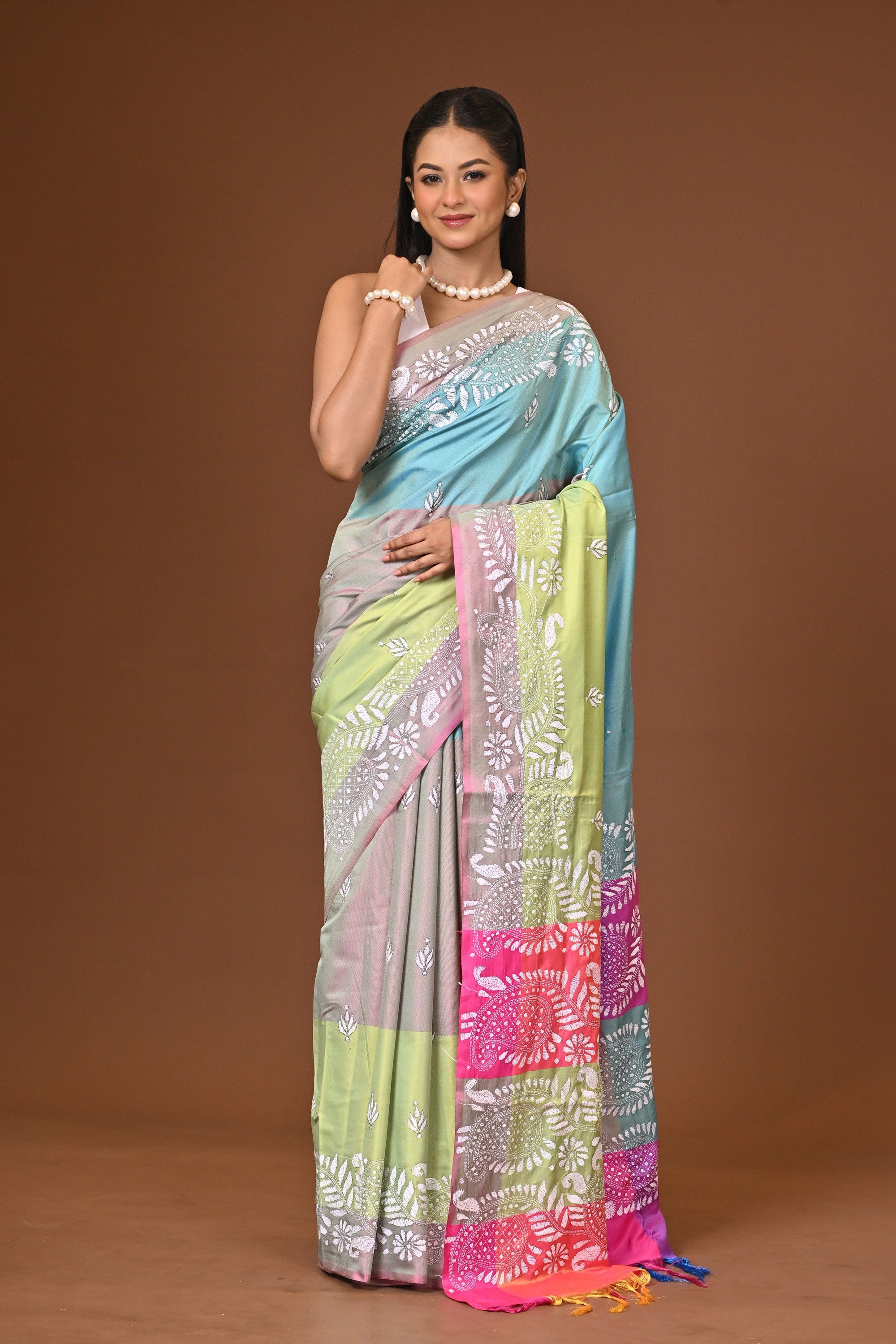 Blended Silk Kantha Stitch Saree Multicolor Thumbnail