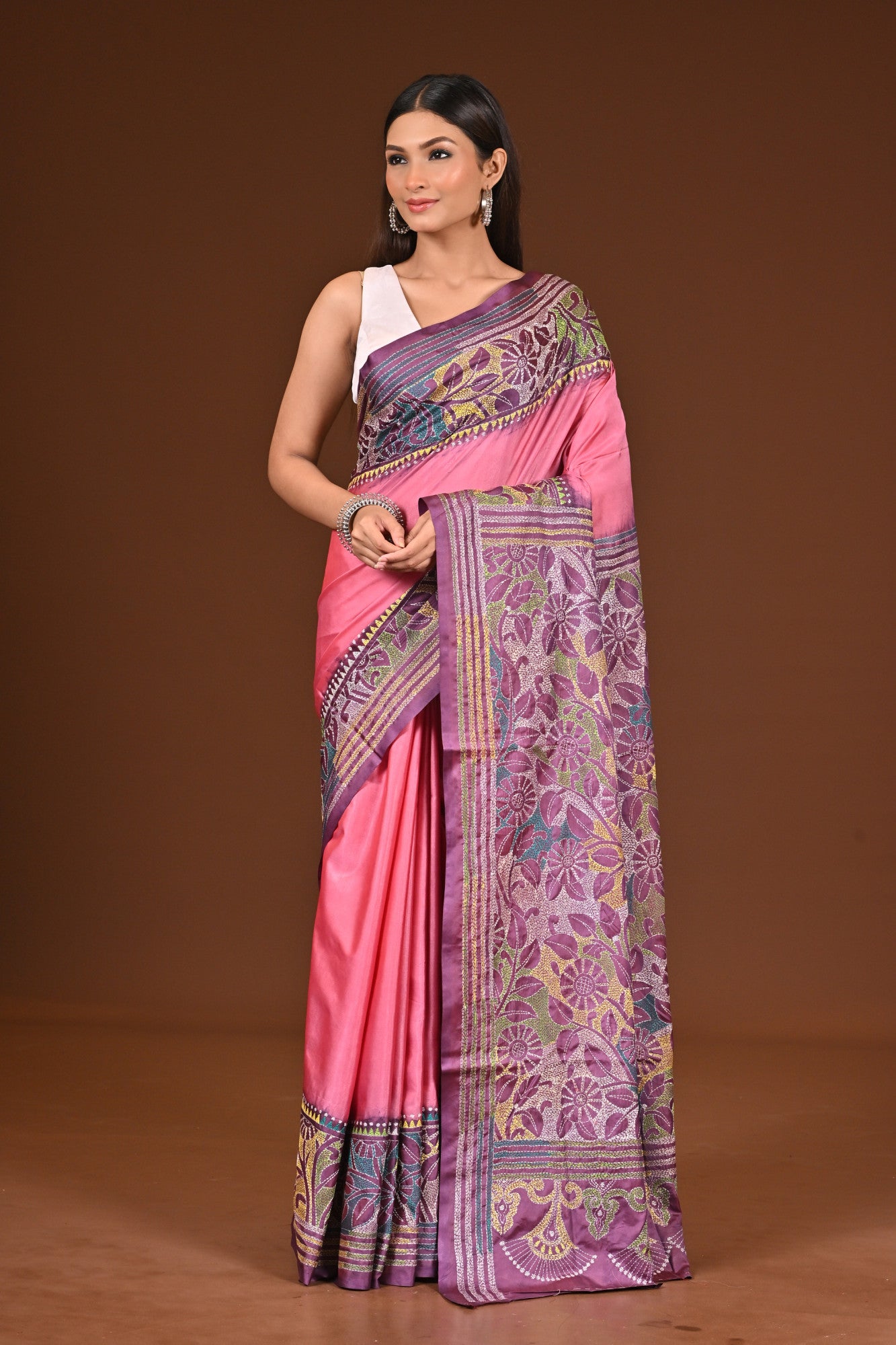 Blended Silk Kantha Stitch Saree Multicolor Thumbnail