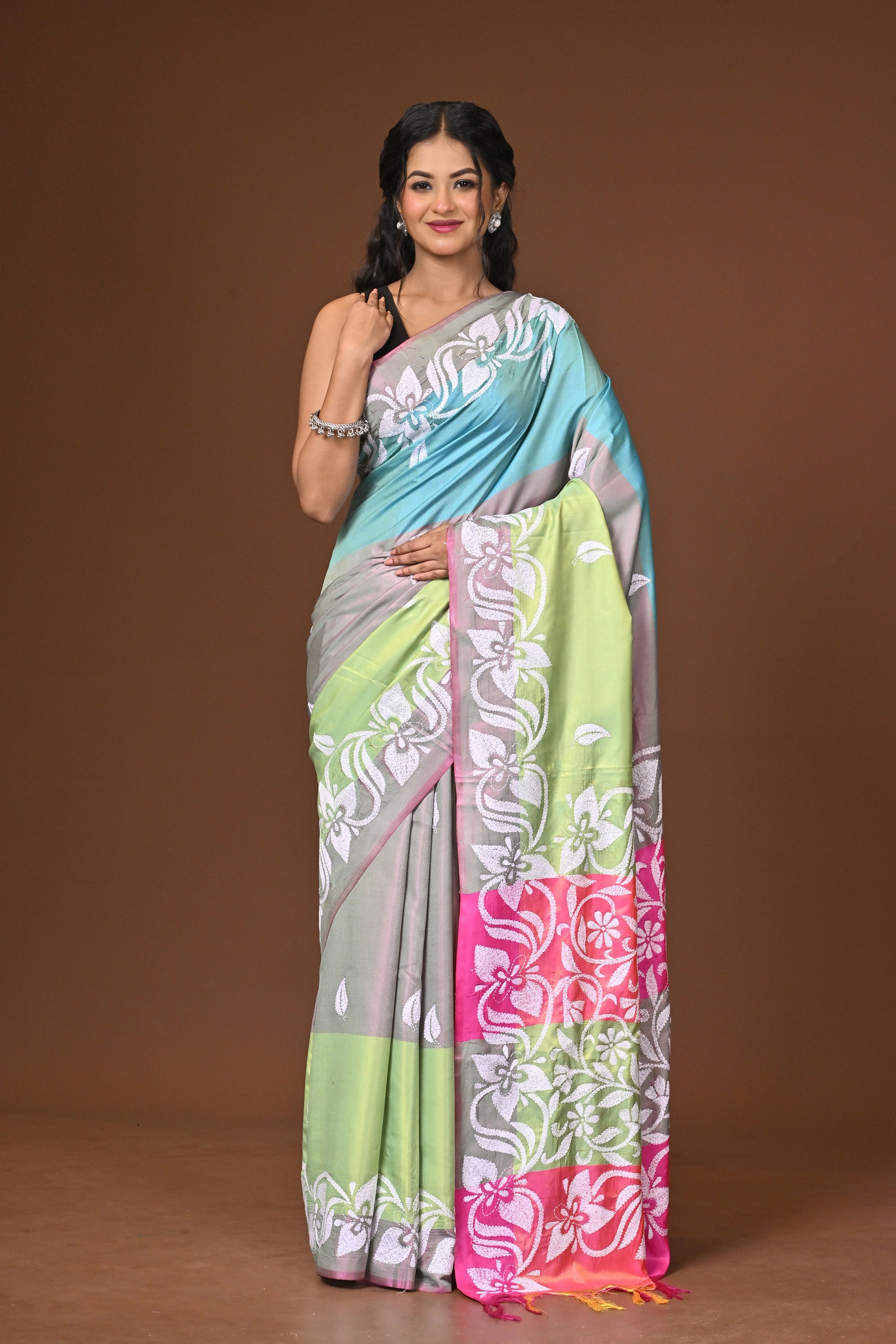 Blended Silk Kantha Stitch Saree Multicolor Thumbnail