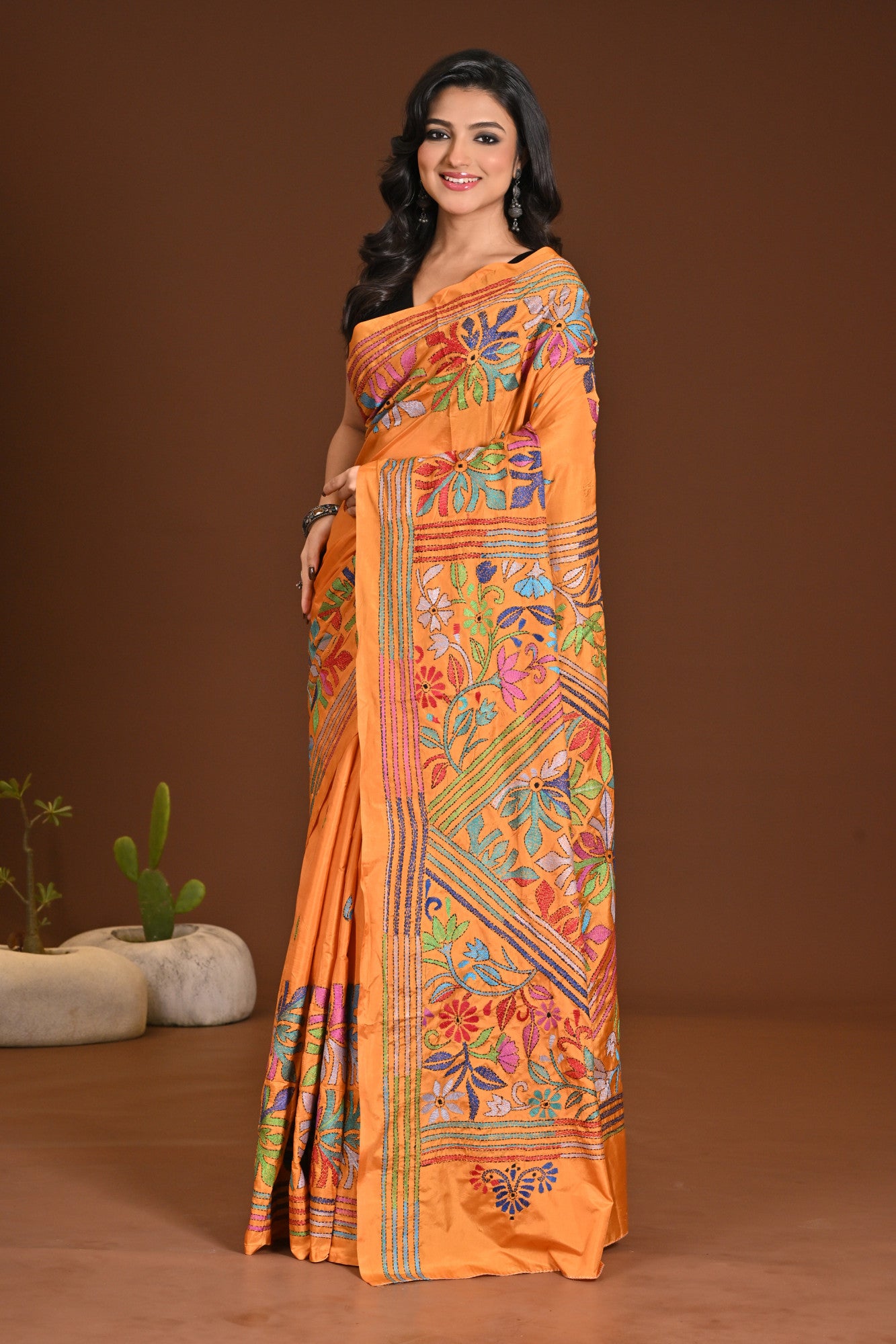 Blended Silk Kantha Stitch Saree Mustard Thumbnail