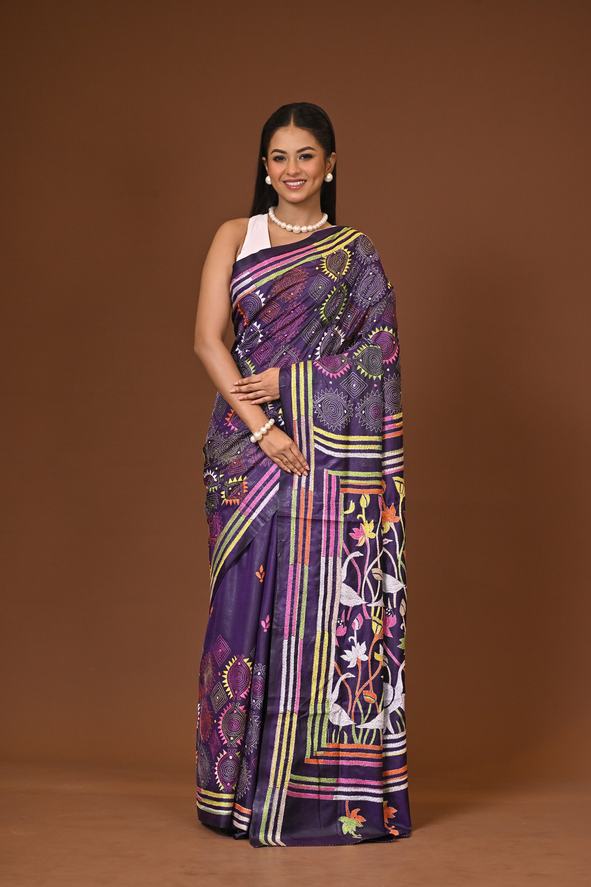 Blended Silk Kantha Stitch Saree Navy Blue Thumbnail