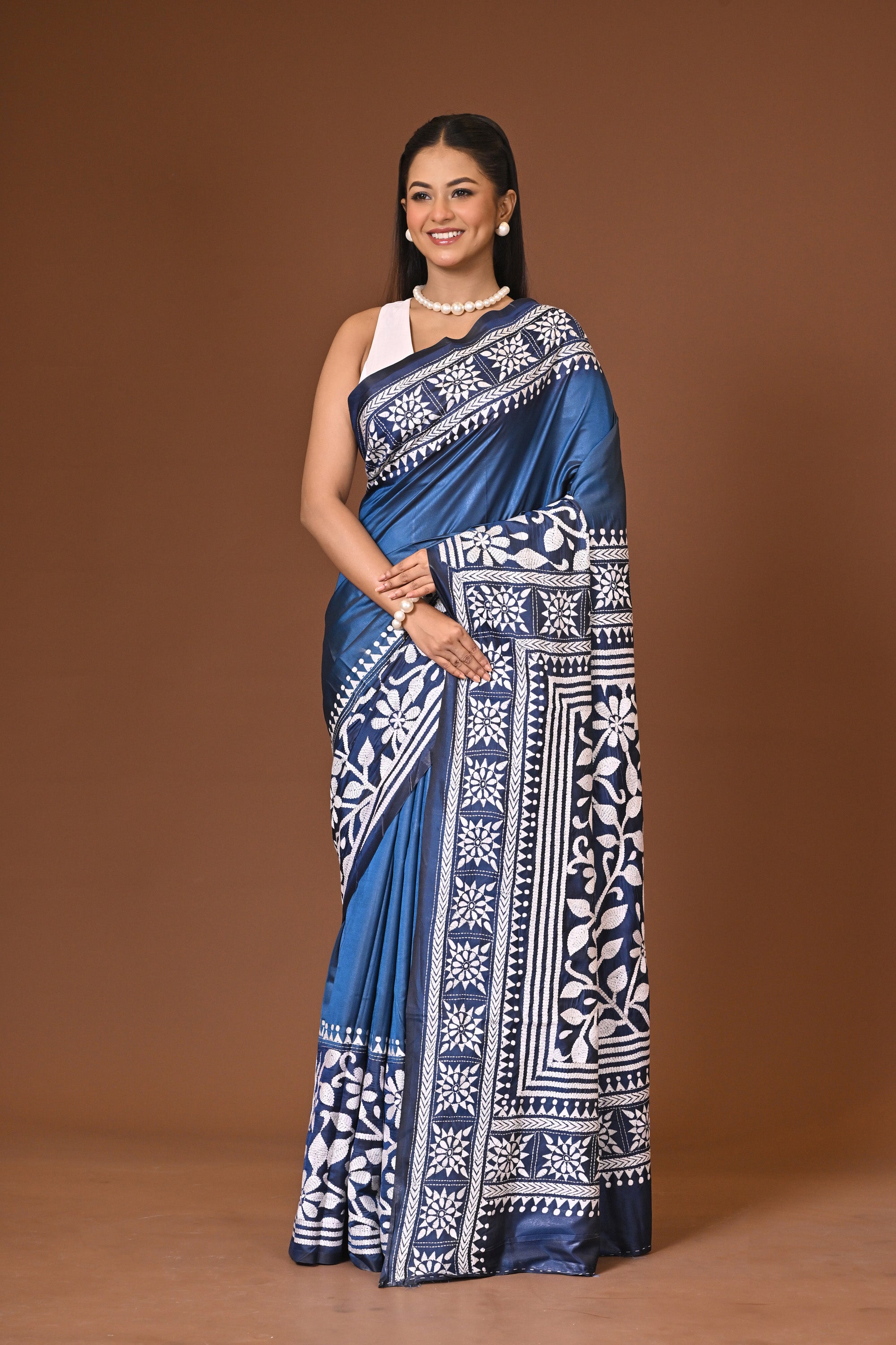 Blended Silk Kantha Stitch Saree Navy Blue Thumbnail