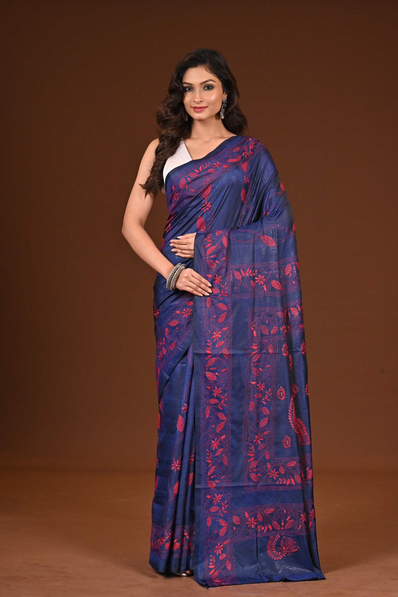 Blended Silk Kantha Stitch Saree Navy Blue Thumbnail