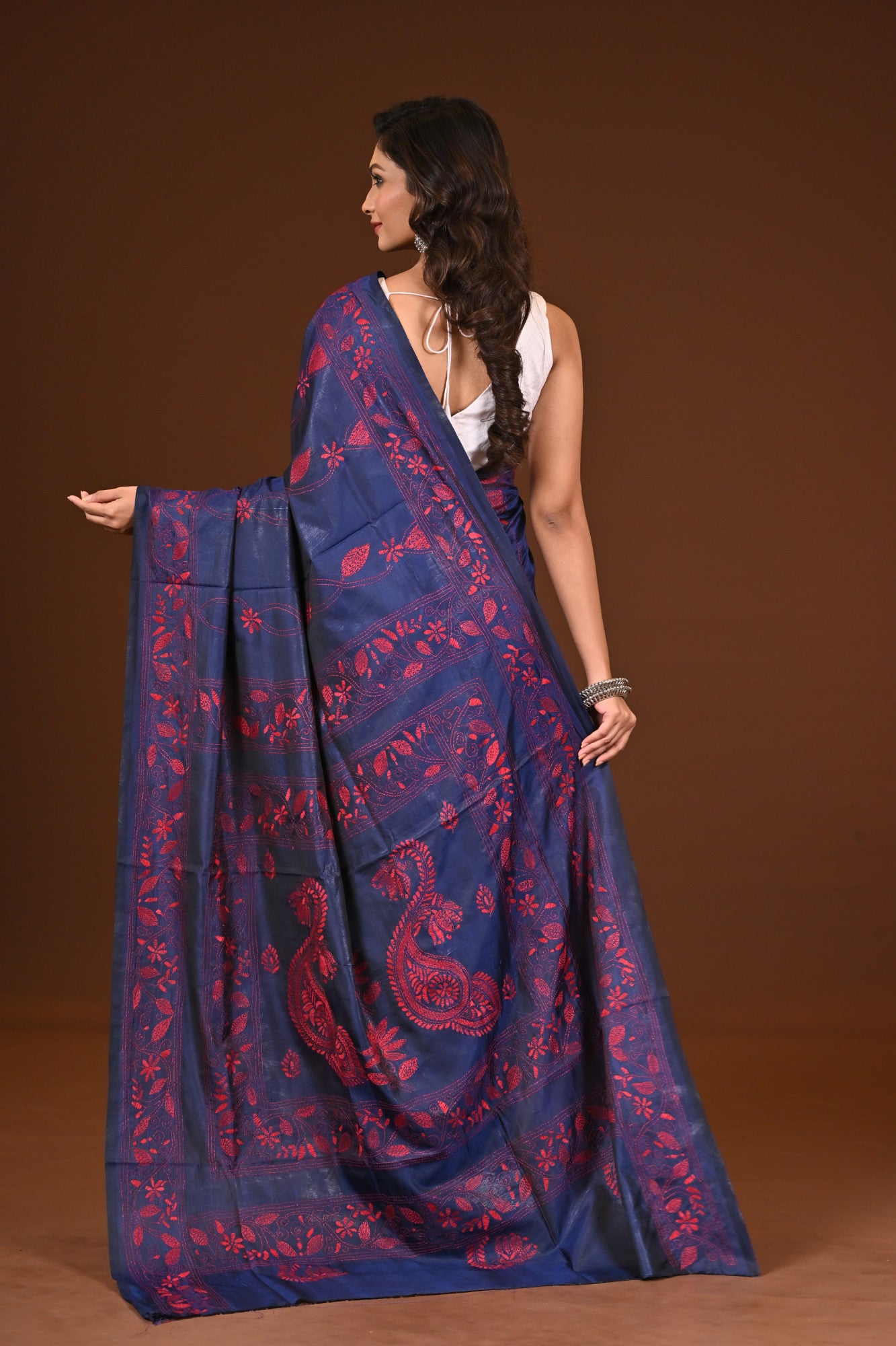 Blended Silk Kantha Stitch Saree Navy Blue Thumbnail