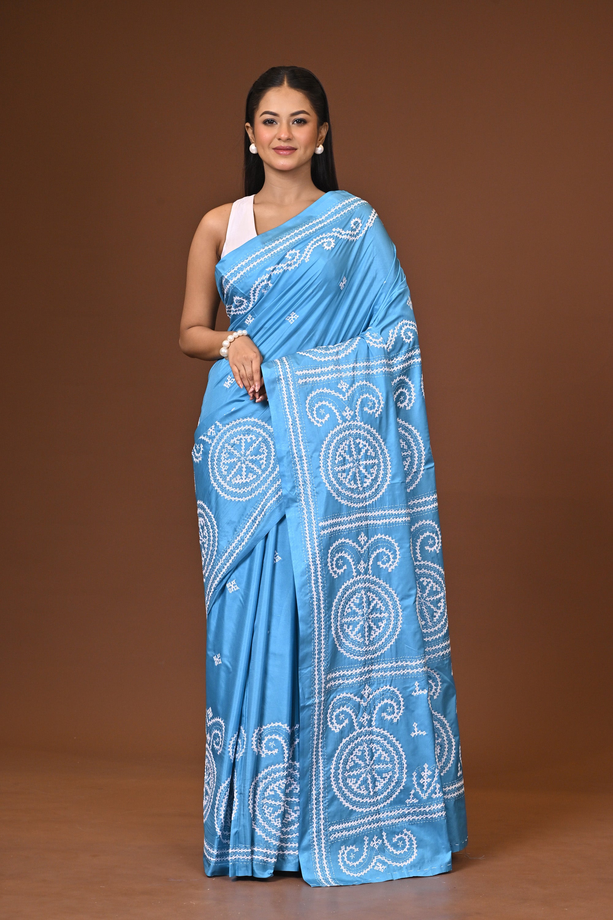 Blended Silk Kantha Stitch Saree Ocean Blue