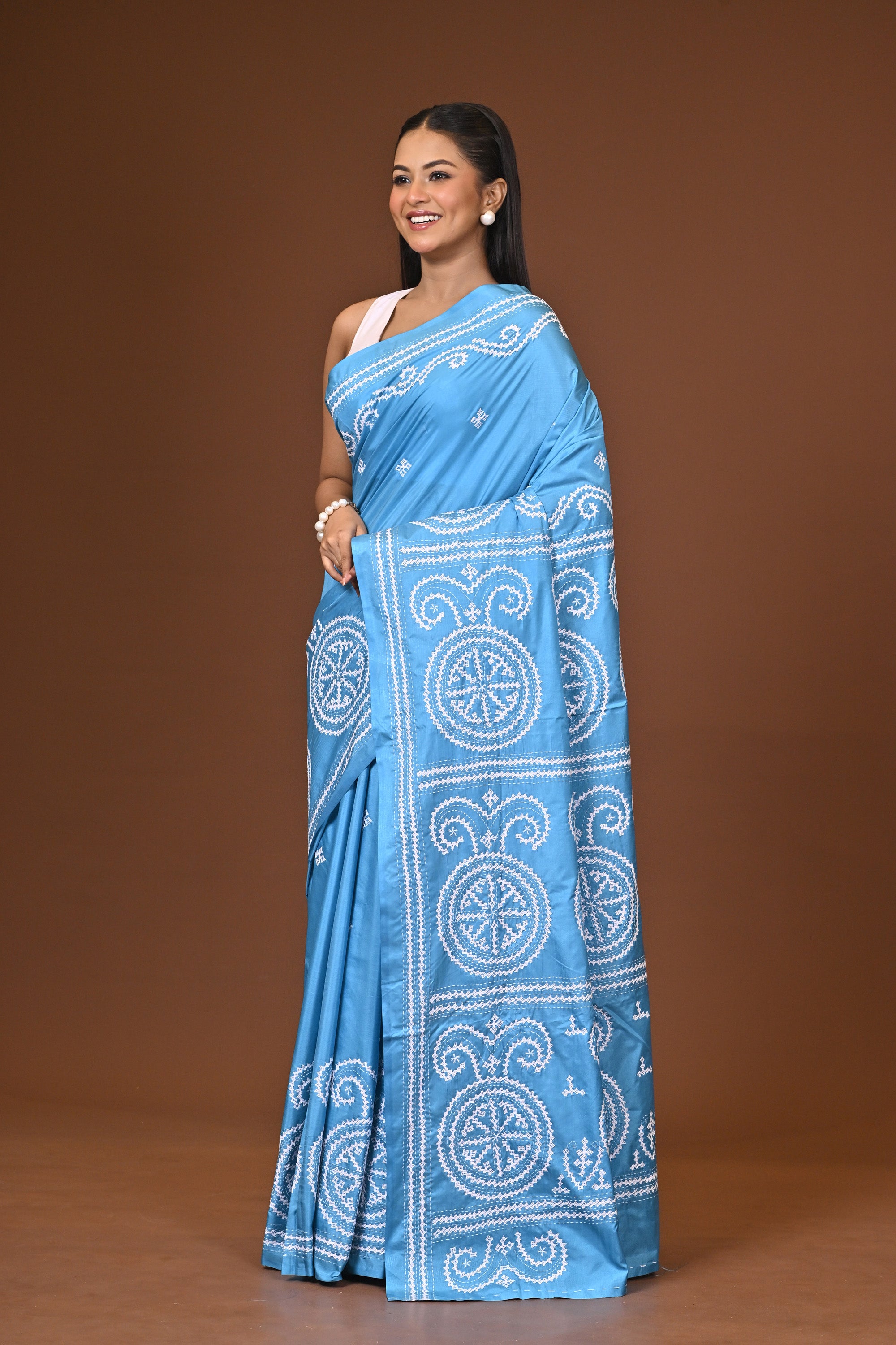 Blended Silk Kantha Stitch Saree Ocean Blue Thumbnail
