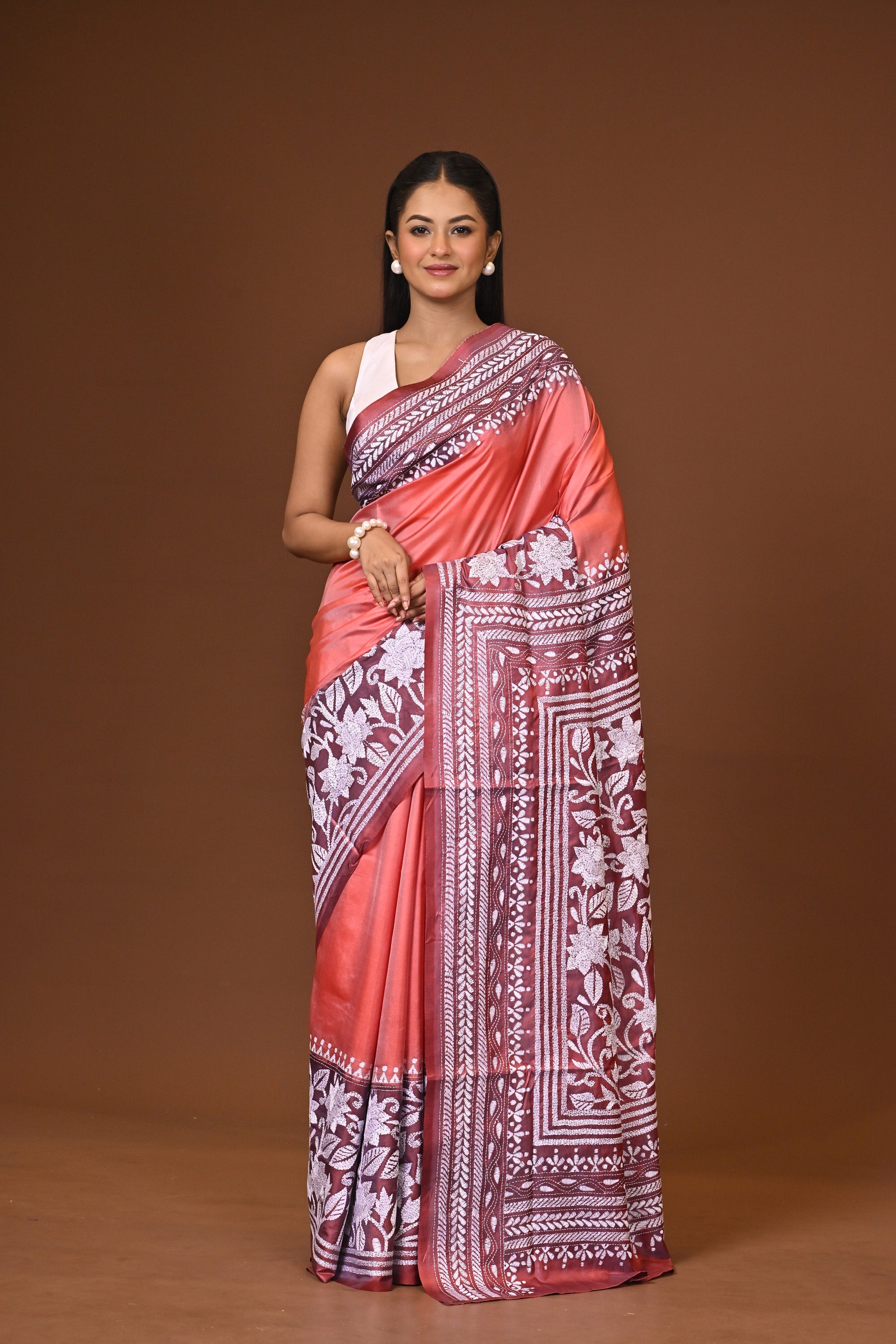 Blended Silk Kantha Stitch Saree Peach Thumbnail