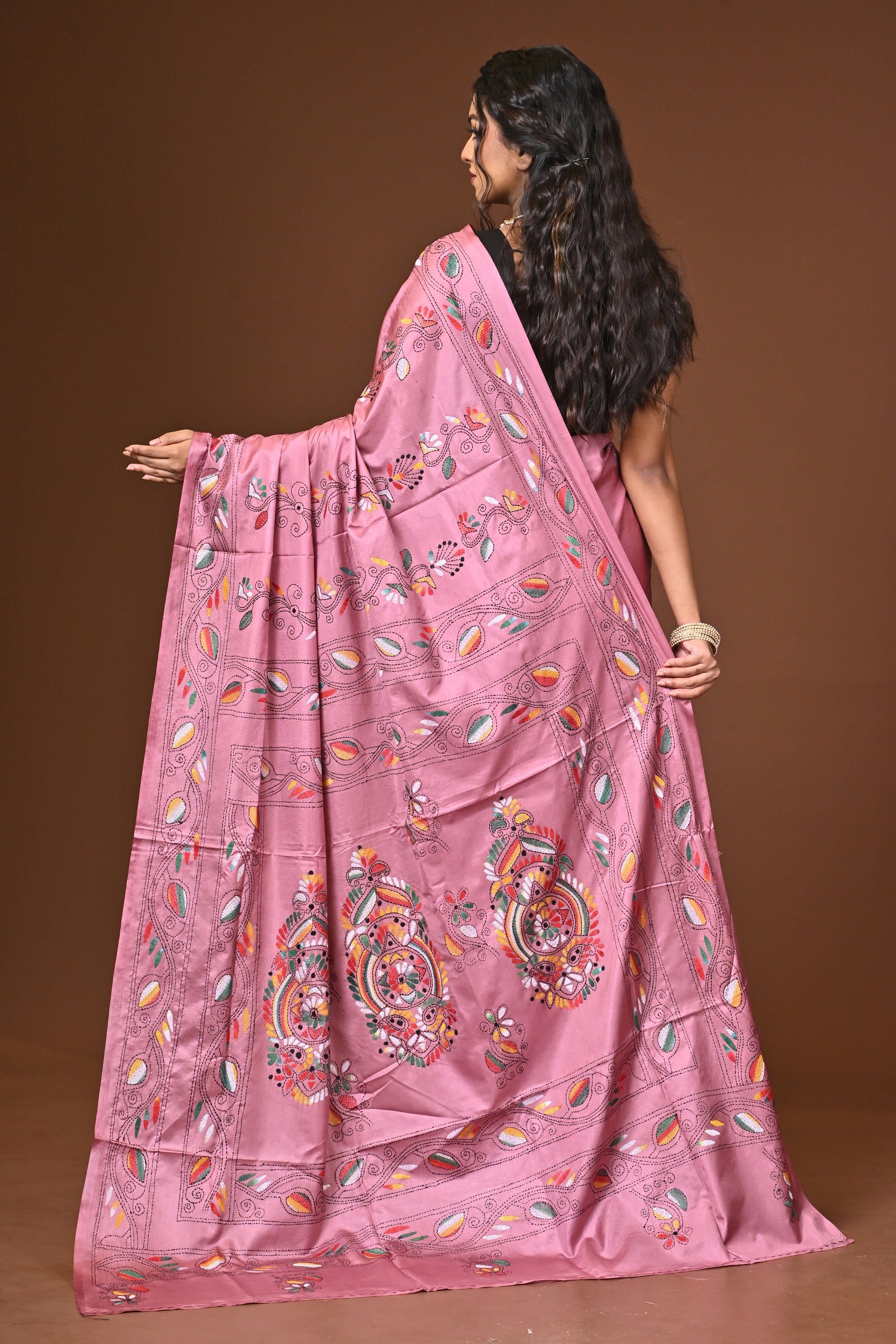 Blended Silk Kantha Stitch Saree Pink Thumbnail