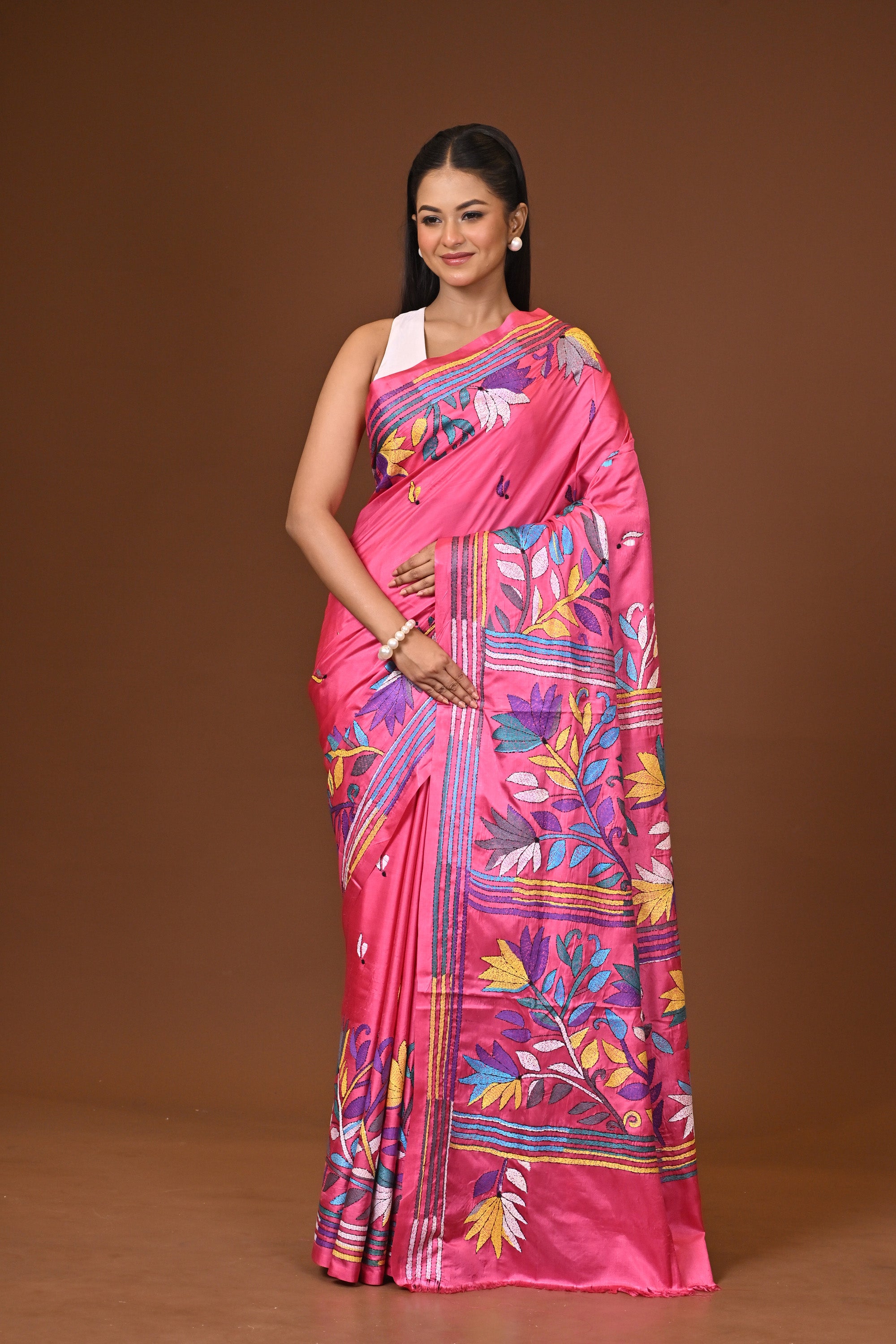 Blended Silk Kantha Stitch Saree Deep Pink